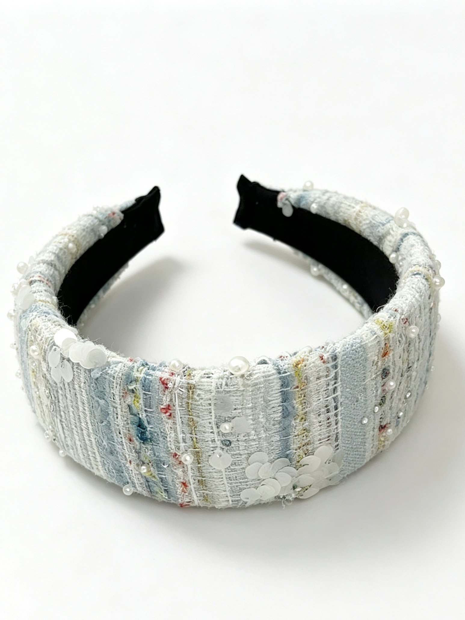 Tweed Headband with Pearl and Sequin Embellishments