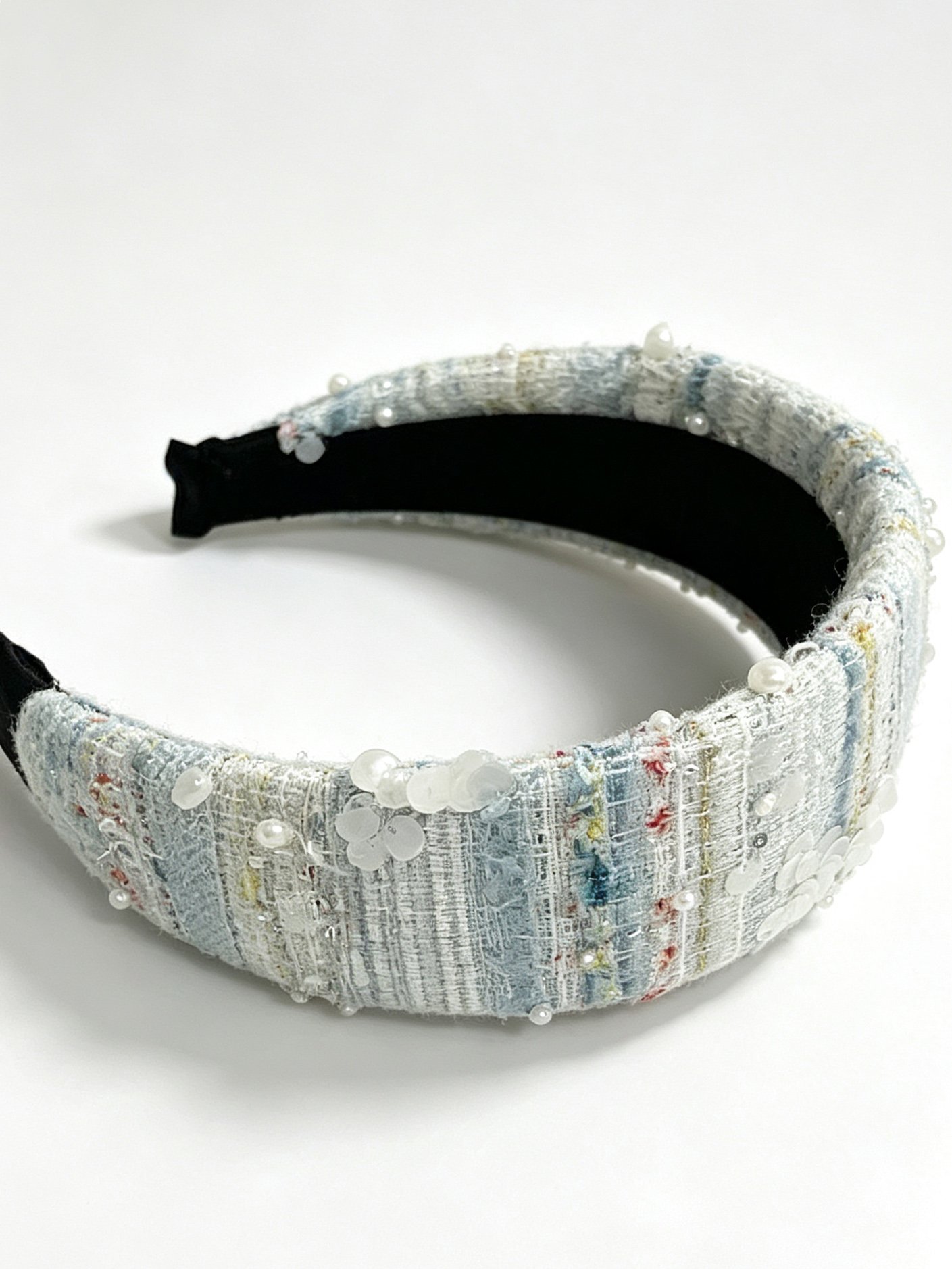 Tweed Headband with Pearl and Sequin Embellishments