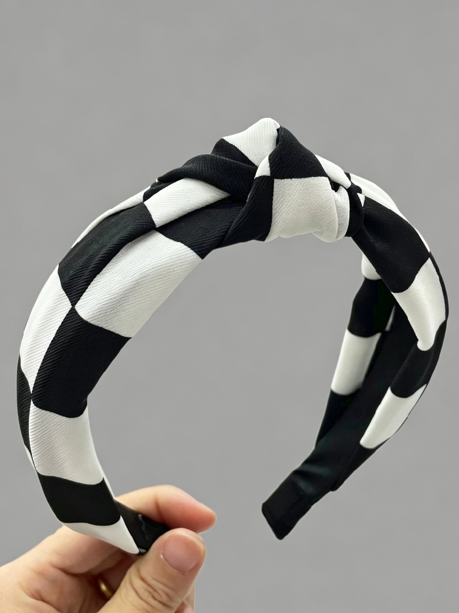 Black White Large Check Knotted Wide Headband