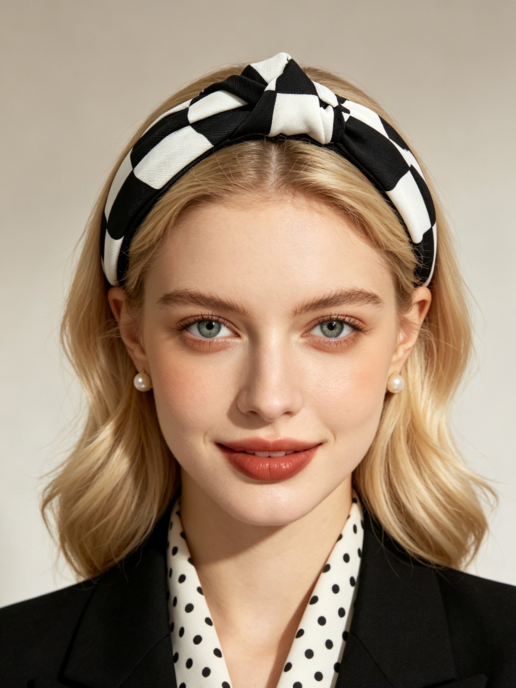 Black White Large Check Knotted Wide Headband