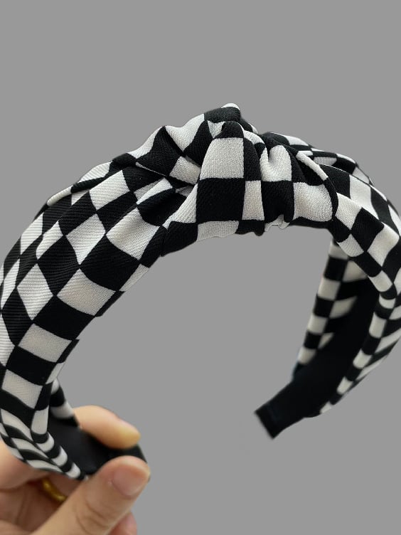 Black White Small Check Wide Knotted Headband