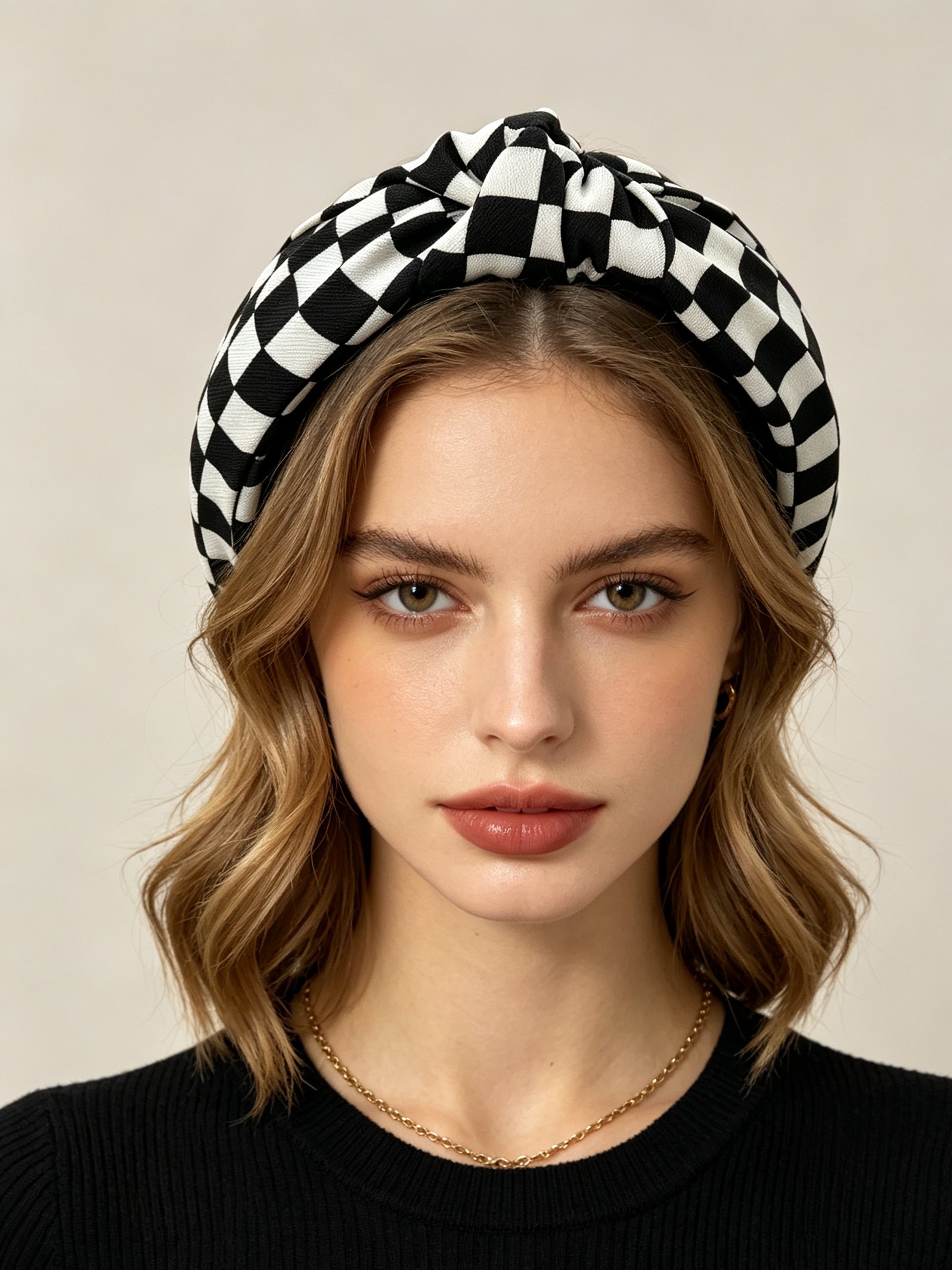 Black White Small Check Wide Knotted Headband