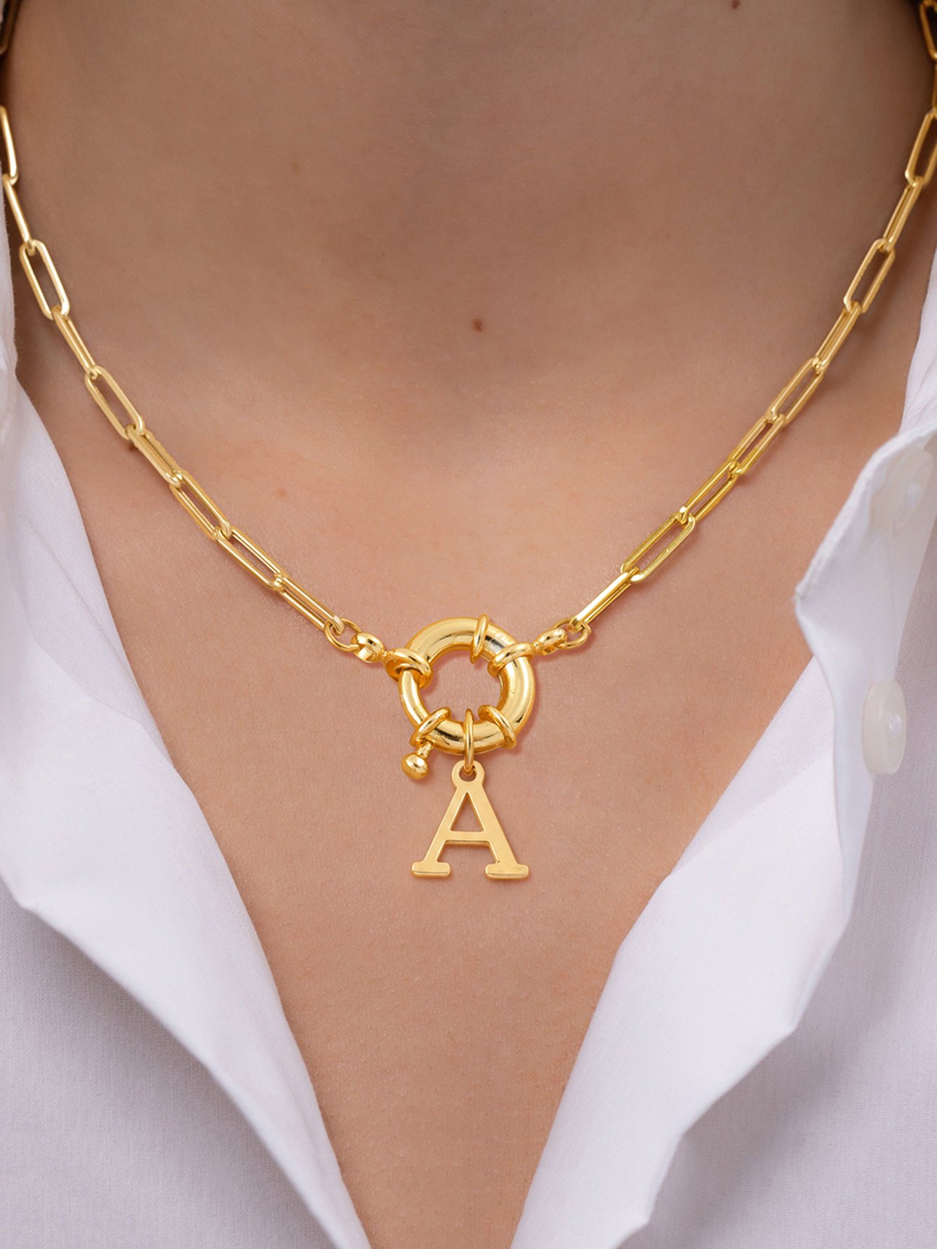 1Pcs New Classic A Initial Pendant Spring Buckle Golden Stainless Steel Paper Clip Chain Necklaces For Women