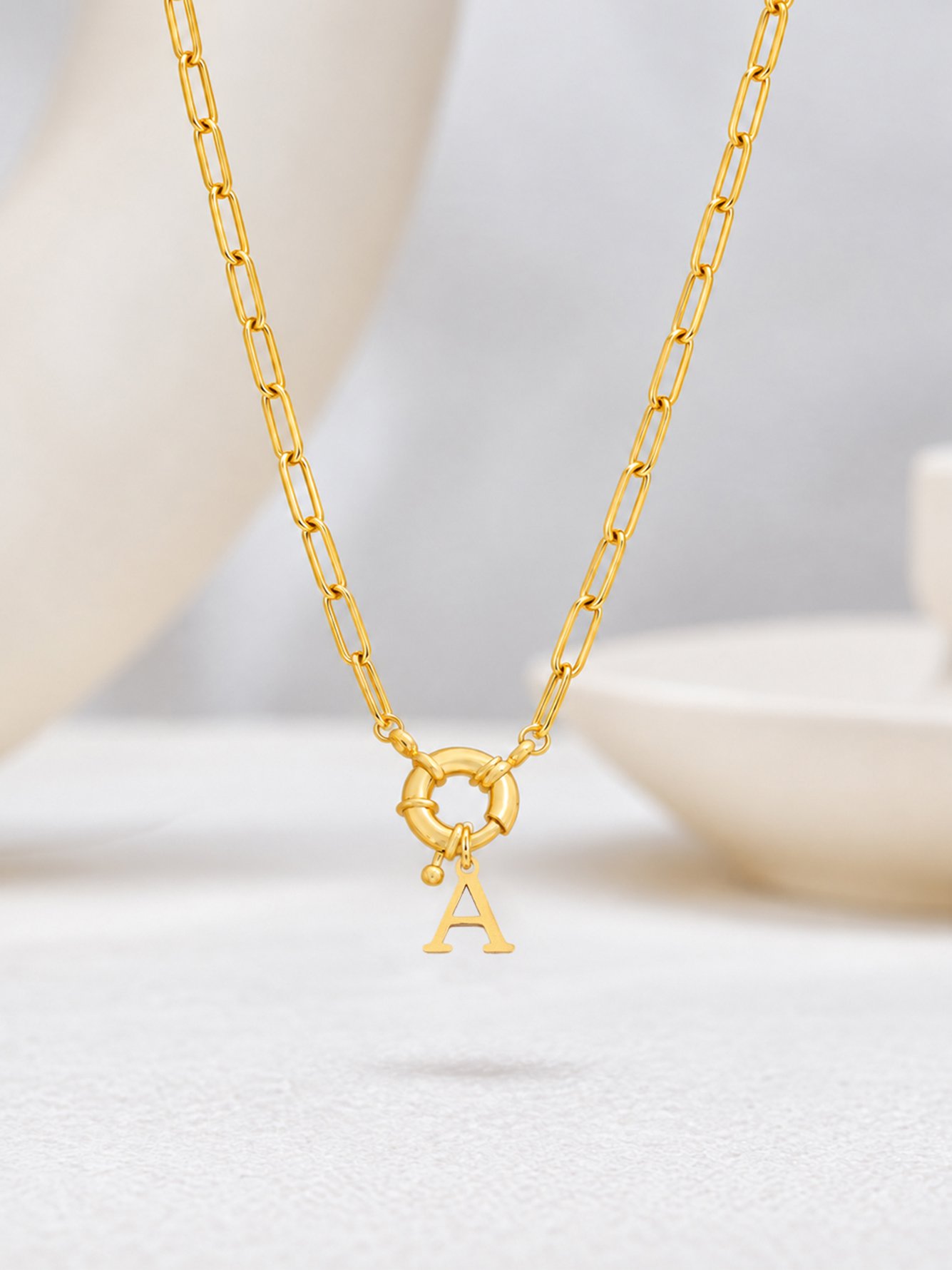 1Pcs New Classic A Initial Pendant Spring Buckle Golden Stainless Steel Paper Clip Chain Necklaces For Women