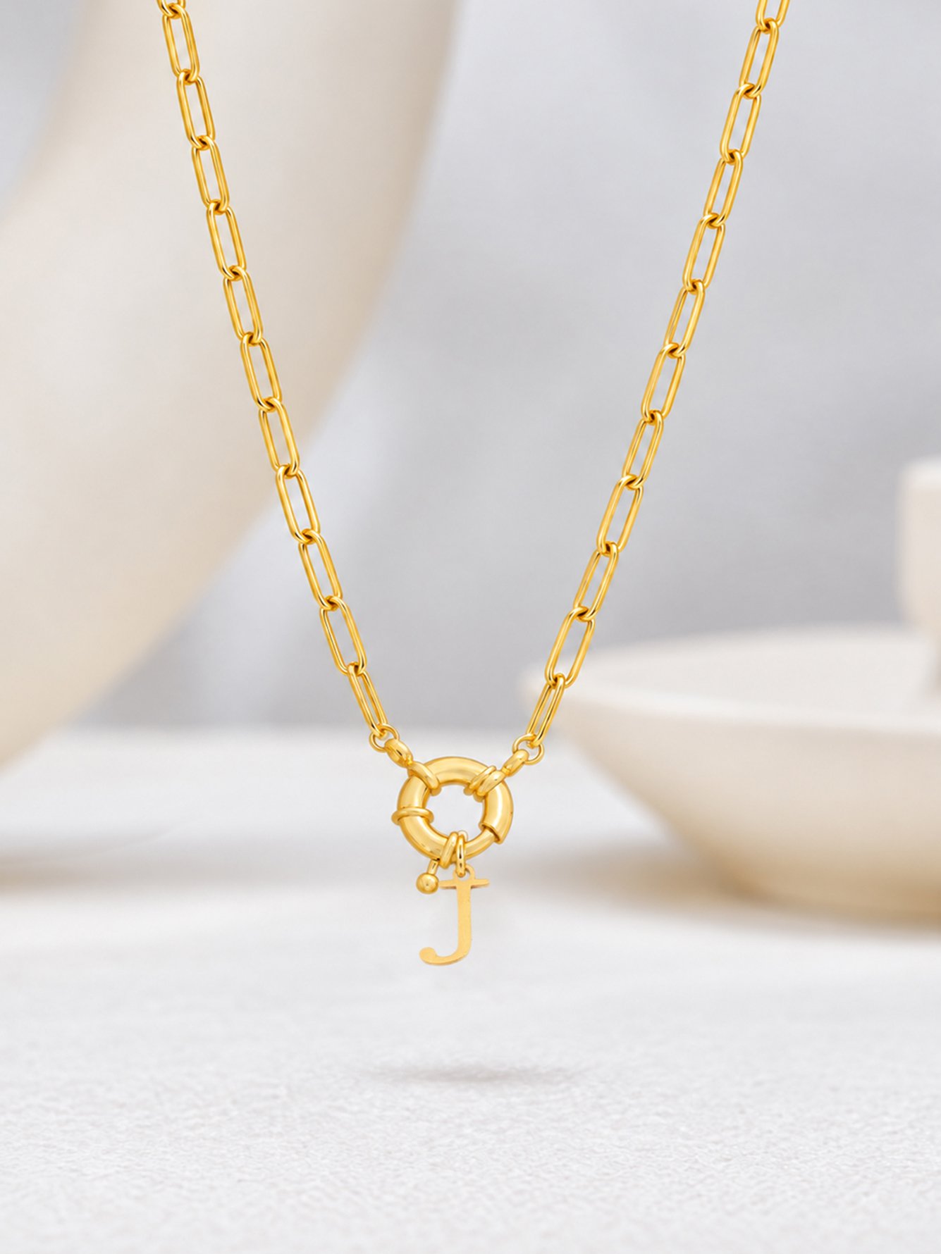 1Pcs New Classic J Initial Pendant Spring Buckle Golden Stainless Steel Paper Clip Chain Necklaces For Women