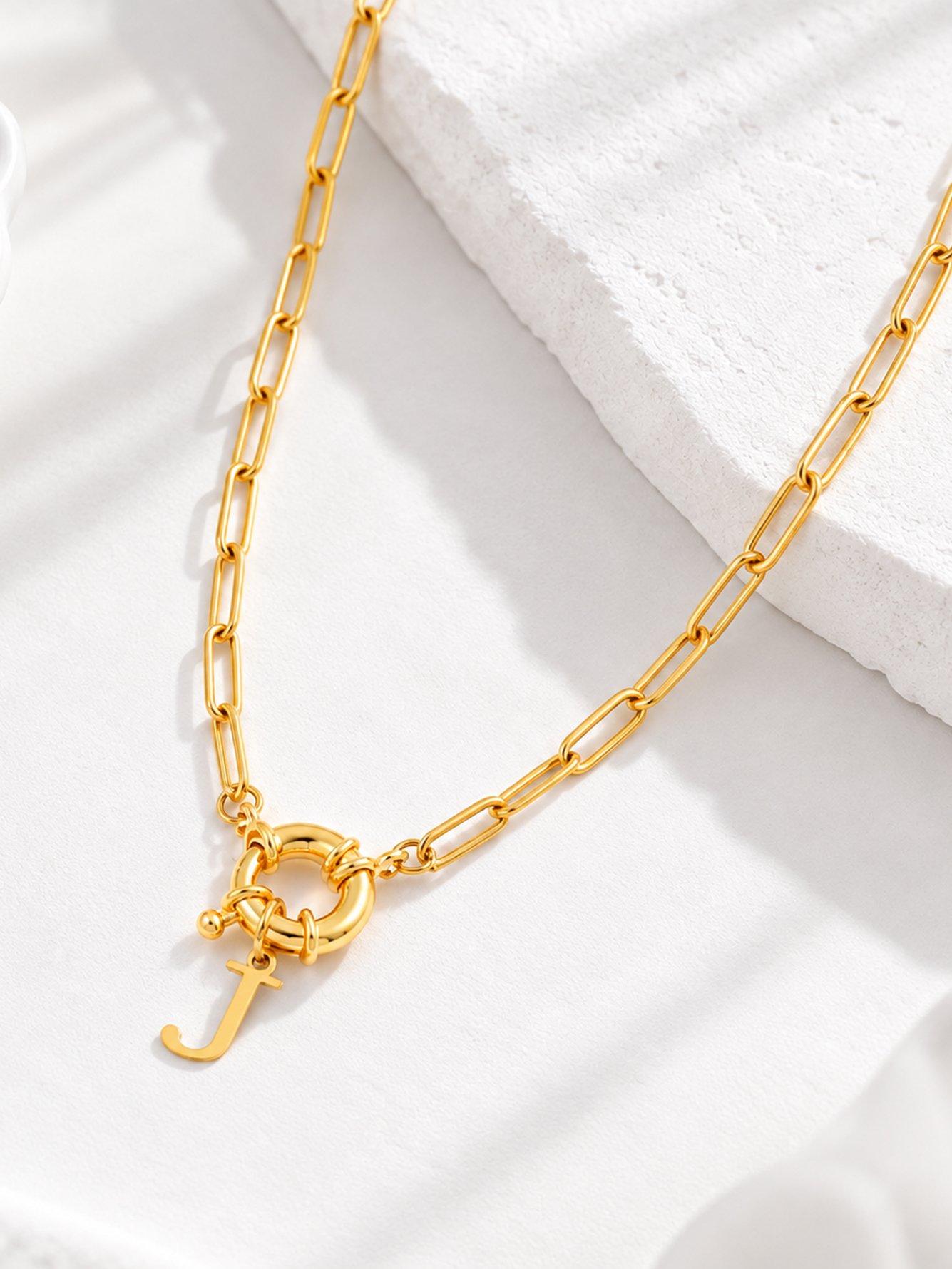 1Pcs New Classic J Initial Pendant Spring Buckle Golden Stainless Steel Paper Clip Chain Necklaces For Women