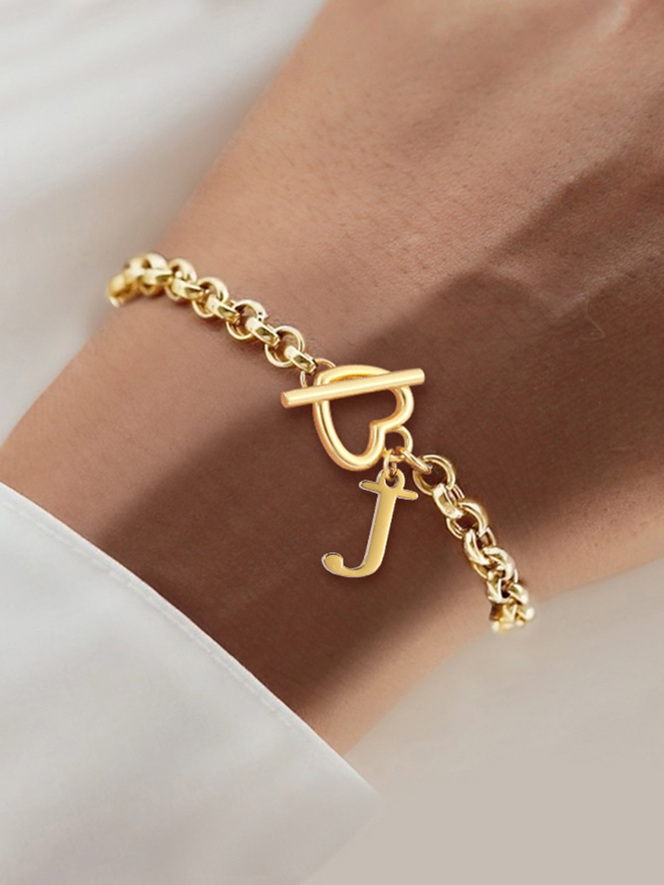 Heart Toggle Gold Initial Bracelet for Women - Casual