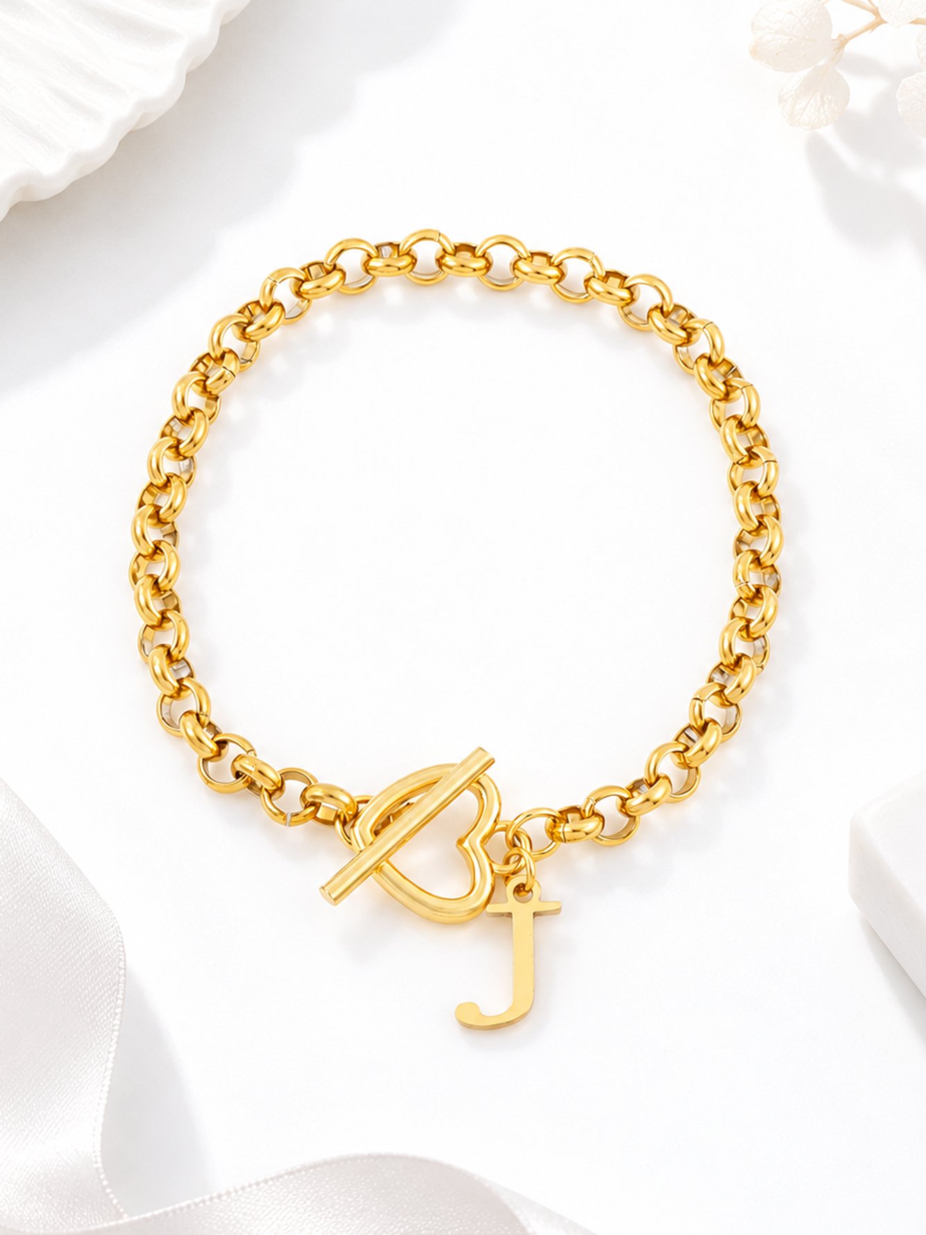 Heart Toggle Gold Initial Bracelet for Women - Casual