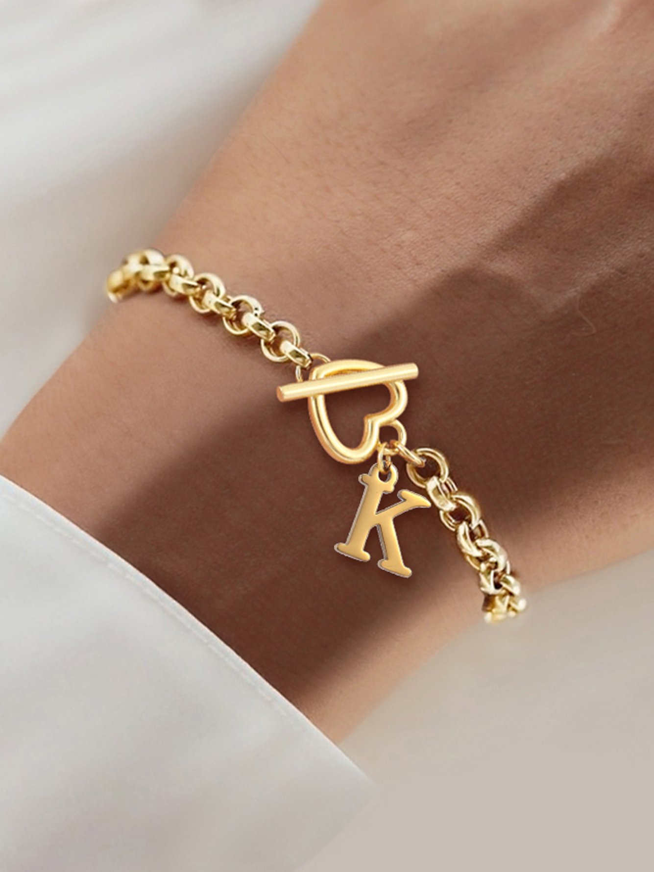 1Pcs Classic Stainless Steel Initial Gold Color Heart Toggle Clasps O-Chain Bracelets For Women