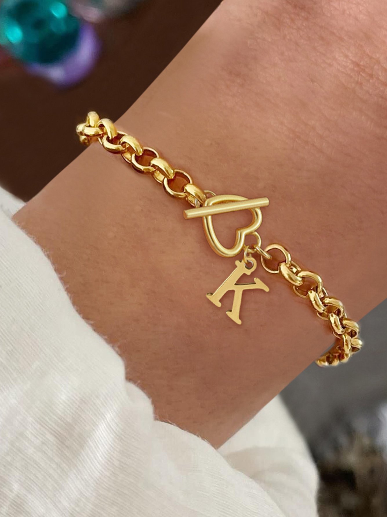 1Pcs Classic Stainless Steel Initial Gold Color Heart Toggle Clasps O-Chain Bracelets For Women