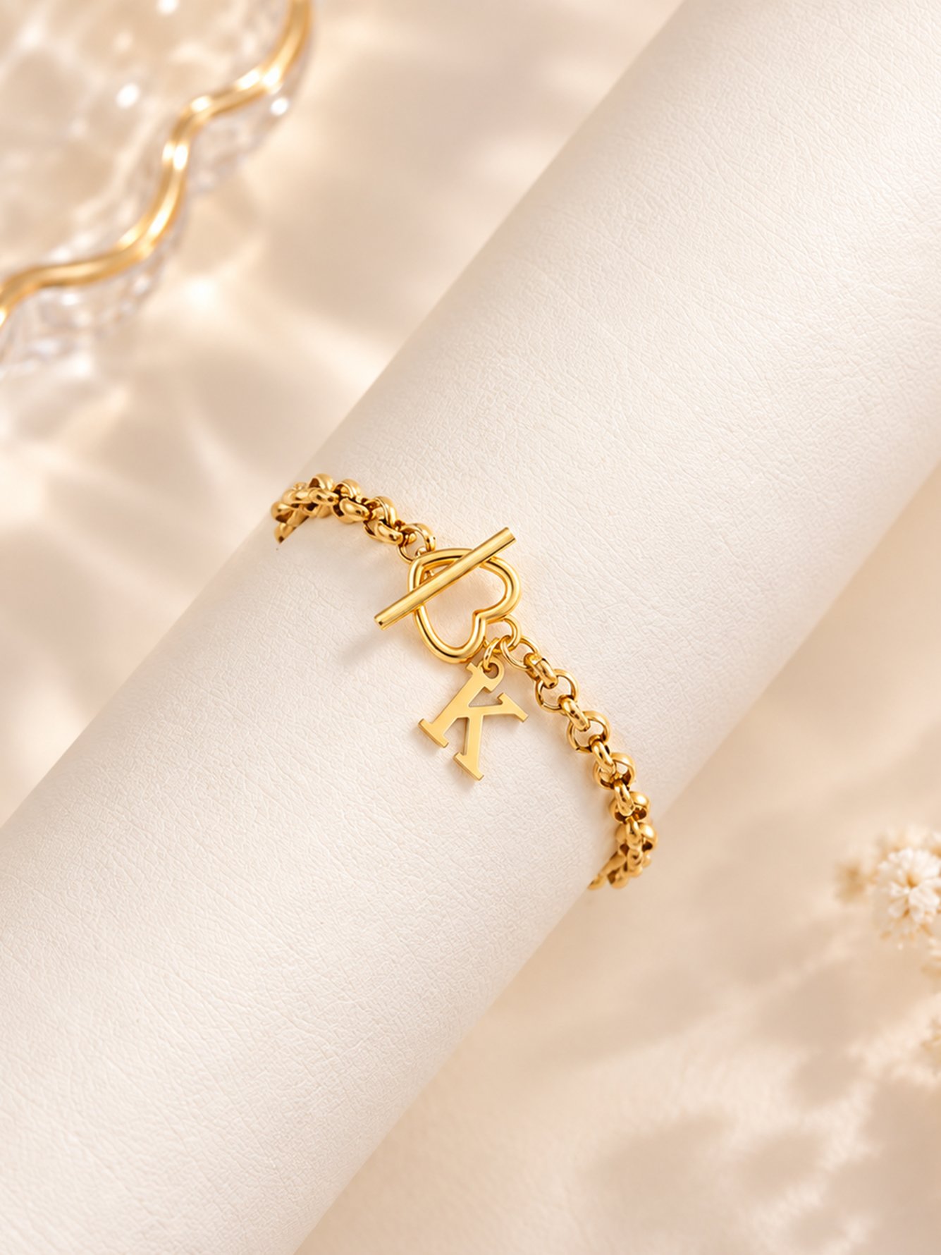 1Pcs Classic Stainless Steel Initial Gold Color Heart Toggle Clasps O-Chain Bracelets For Women
