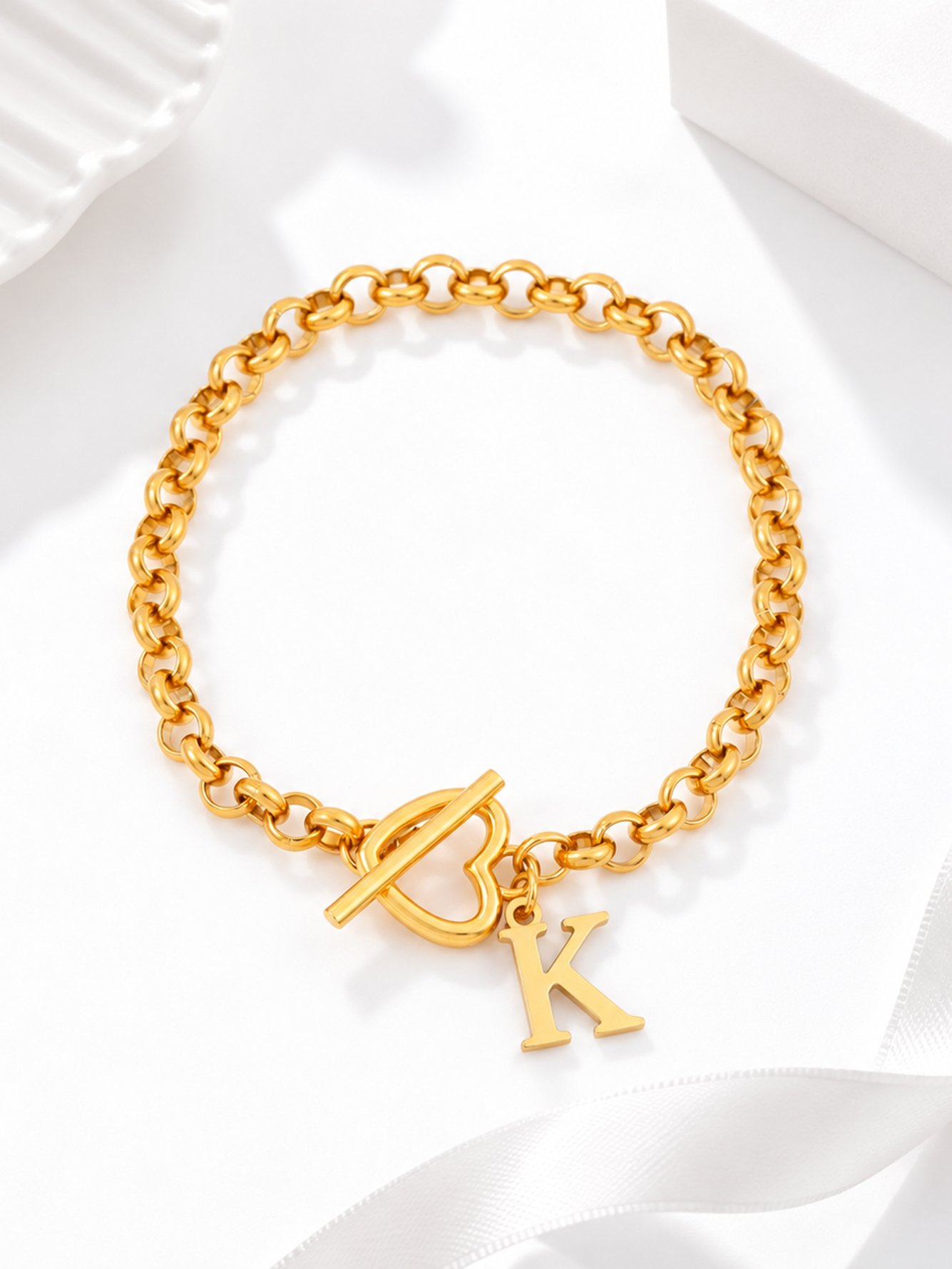 1Pcs Classic Stainless Steel Initial Gold Color Heart Toggle Clasps O-Chain Bracelets For Women