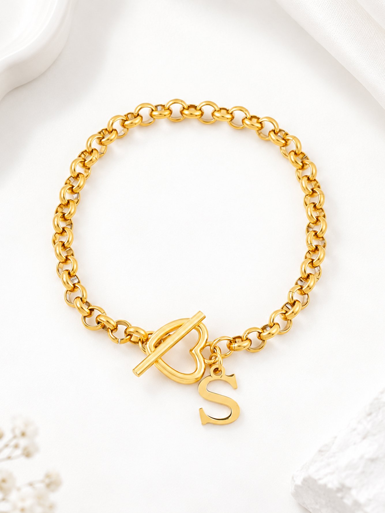 1Pcs Classic Stainless Steel Initial Gold Color Heart Toggle Clasps O-Chain Bracelets For Women