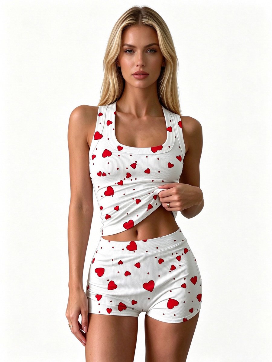 Heart Print Ribbed Knit Pajama Short Set