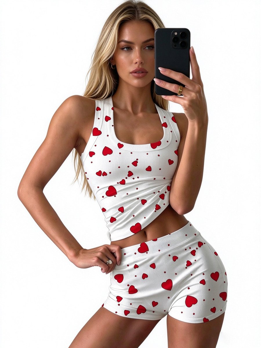 Heart Print Ribbed Knit Pajama Short Set