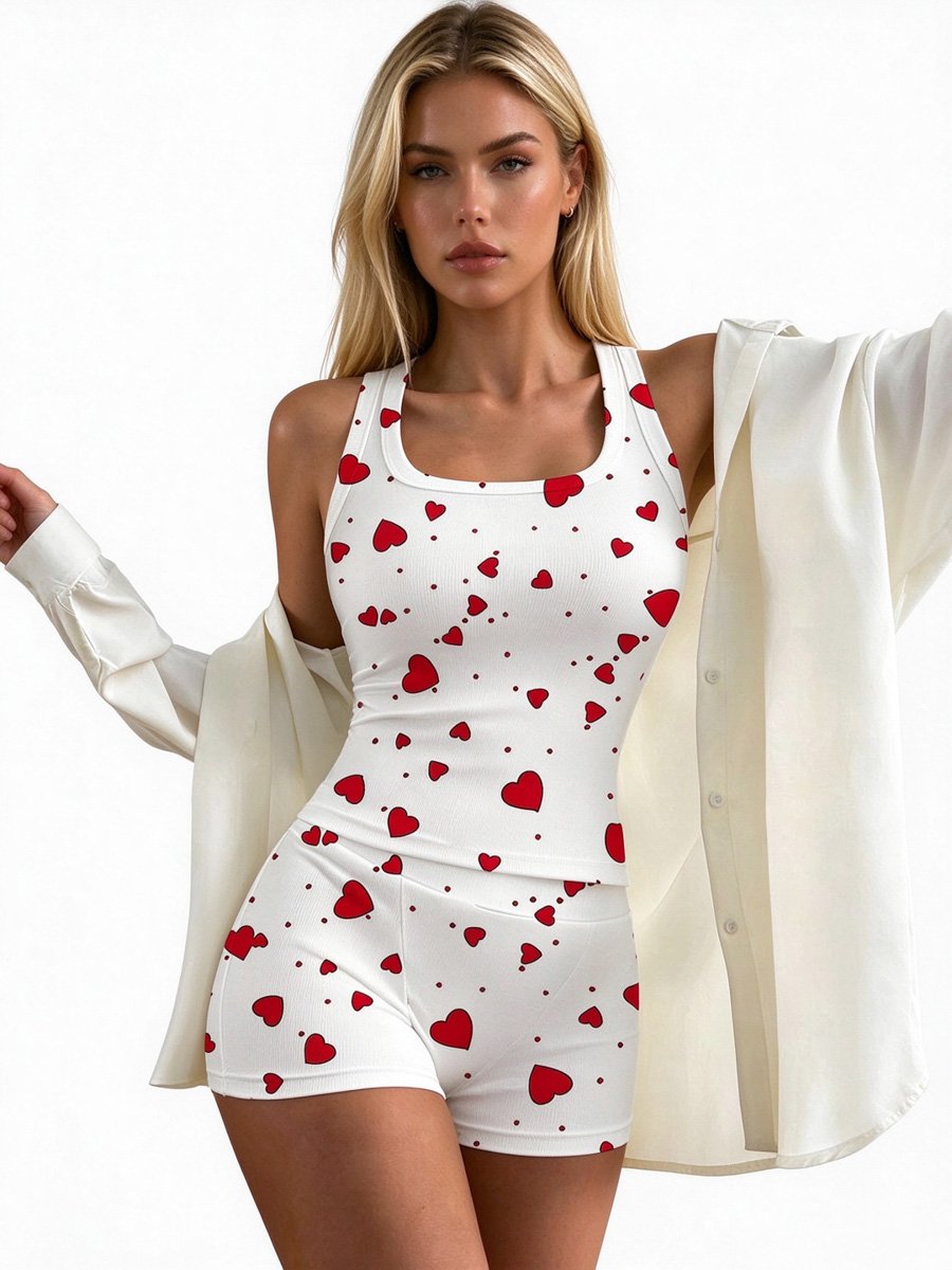 Heart Print Ribbed Knit Pajama Short Set