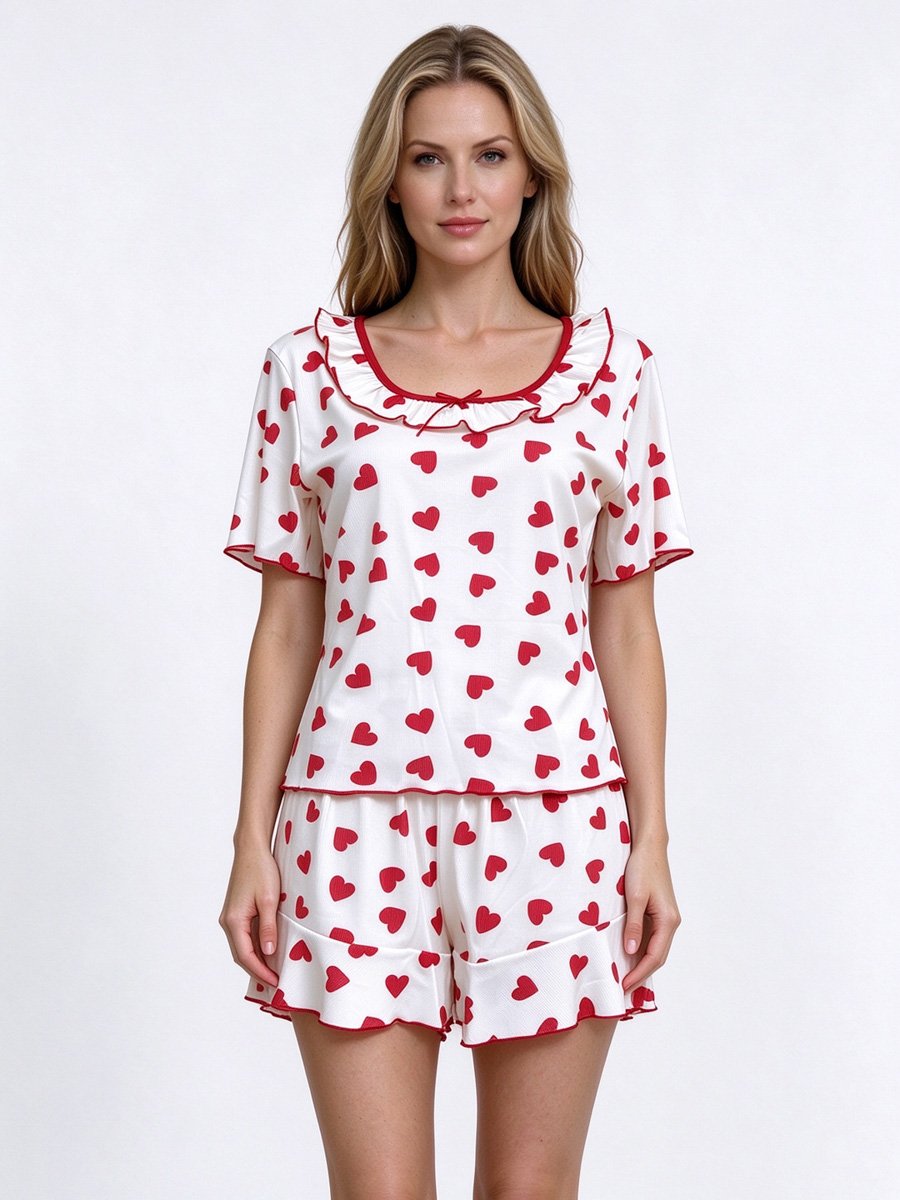 White Heart Print Ruffled Short Set