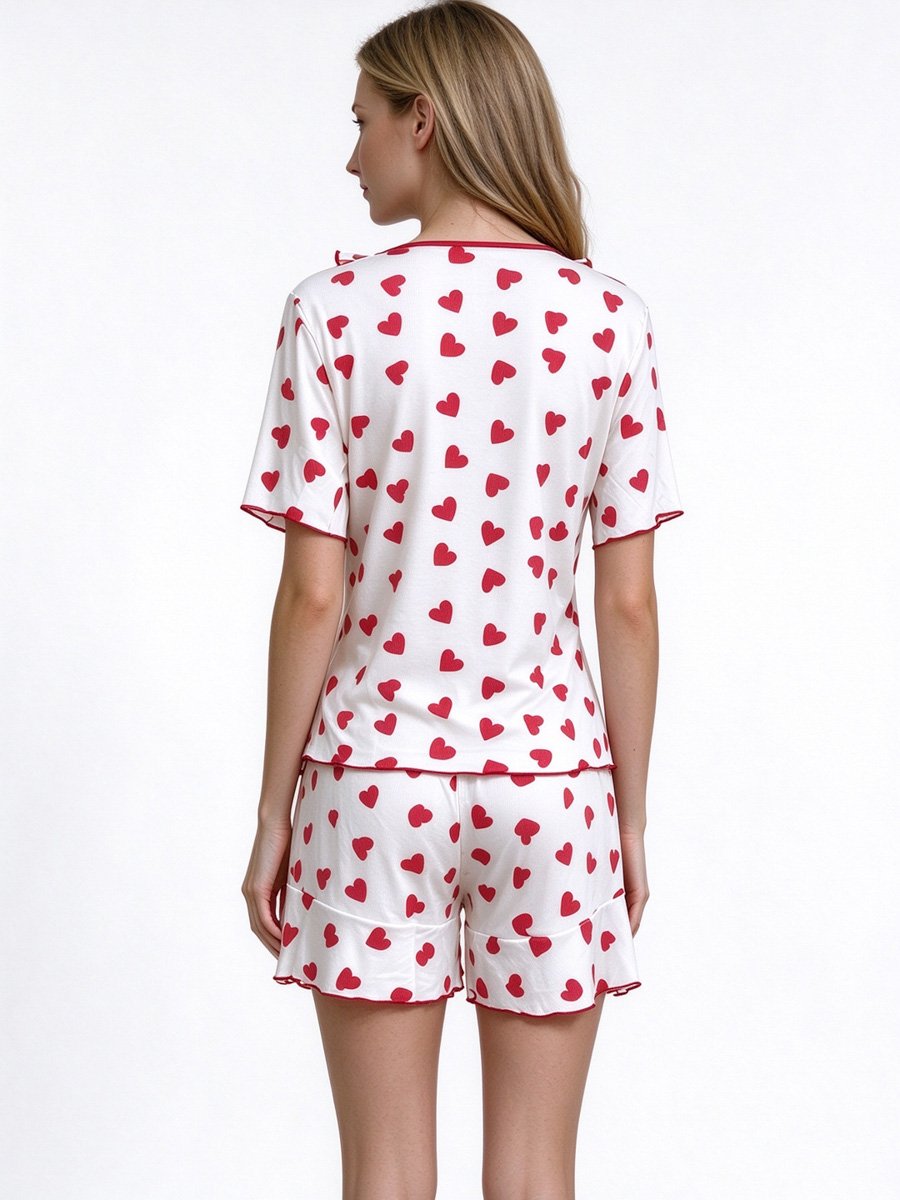 White Heart Print Ruffled Short Set