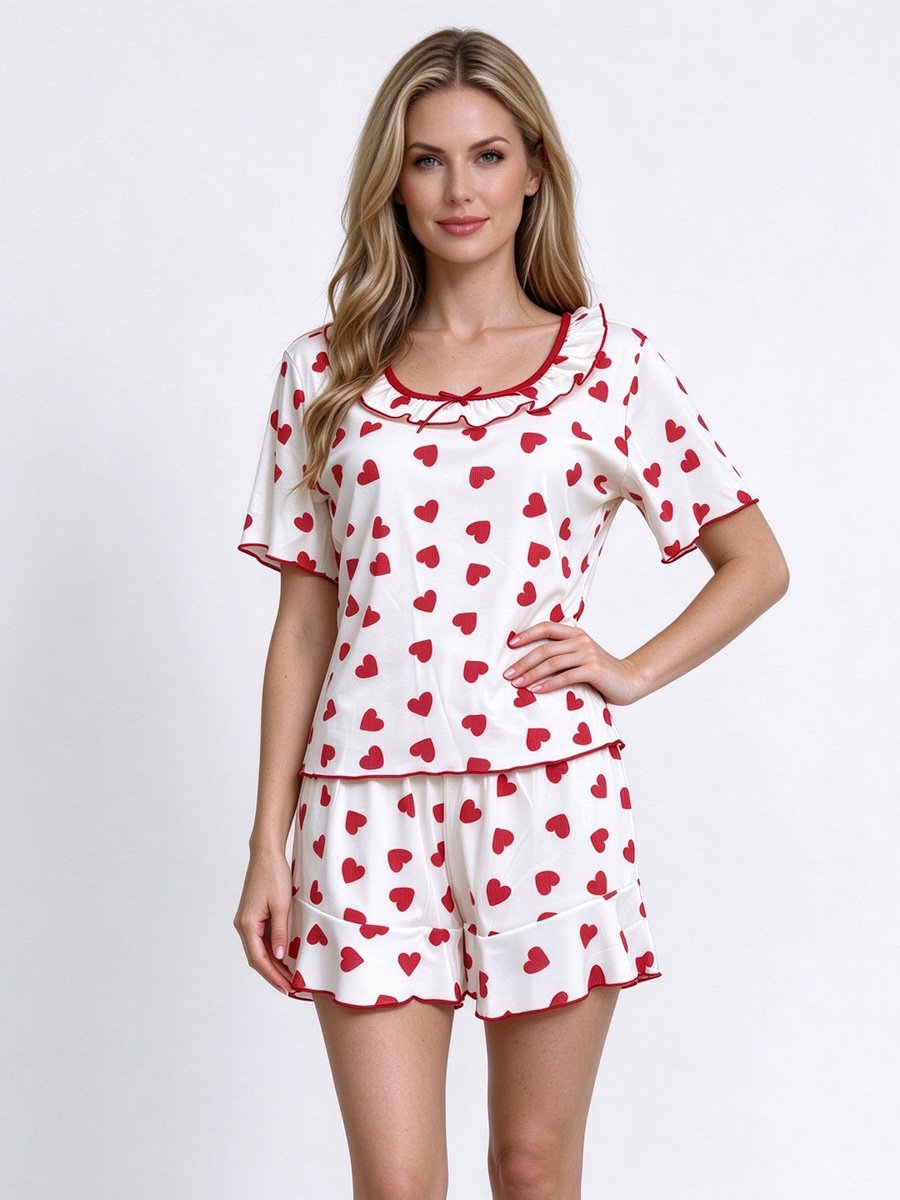 White Heart Print Ruffled Short Set