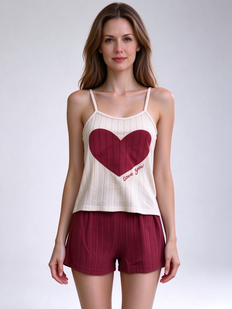 Ribbed Heart Print Pajama Shorts Set