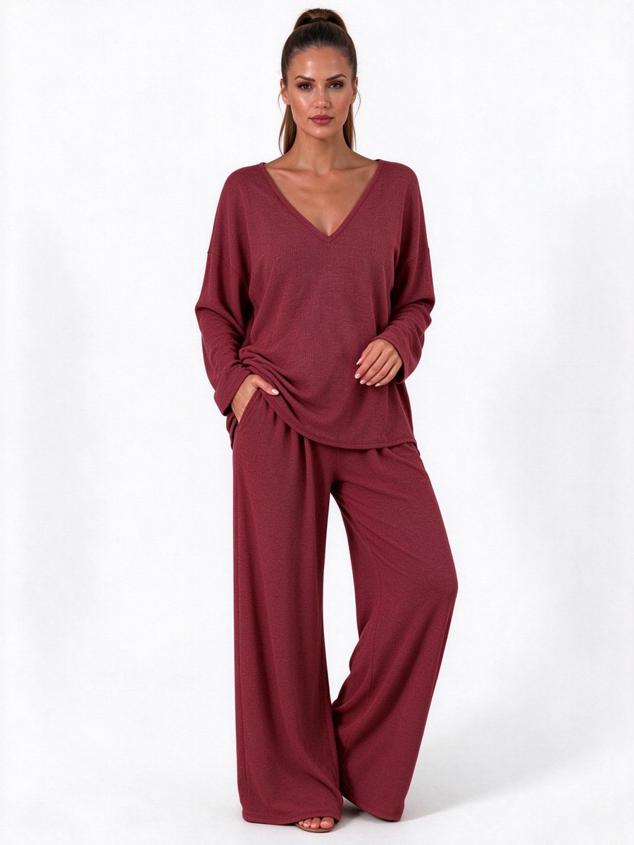 Red Knitted V Neck Lounge Pajama Set