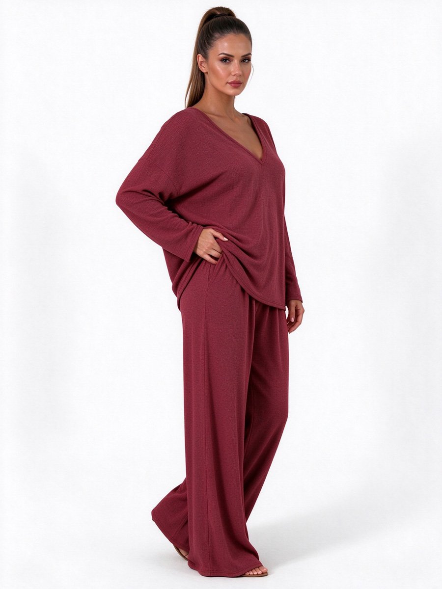 Red Knitted V Neck Lounge Pajama Set