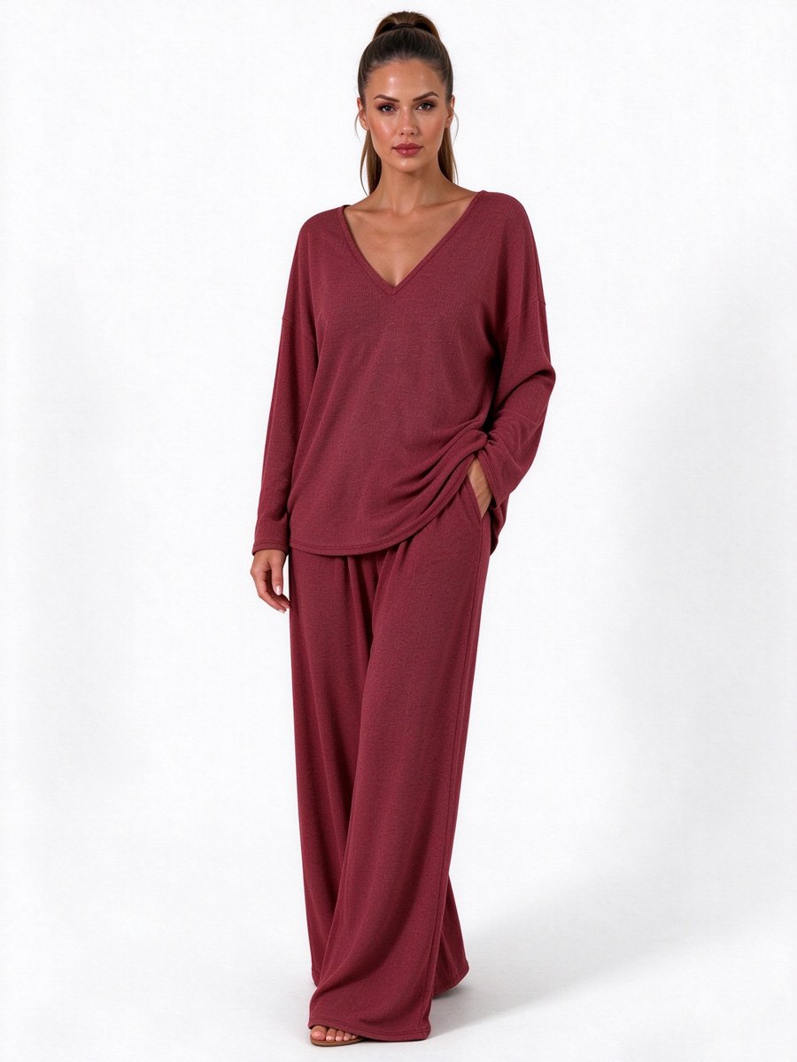 Red Knitted V Neck Lounge Pajama Set