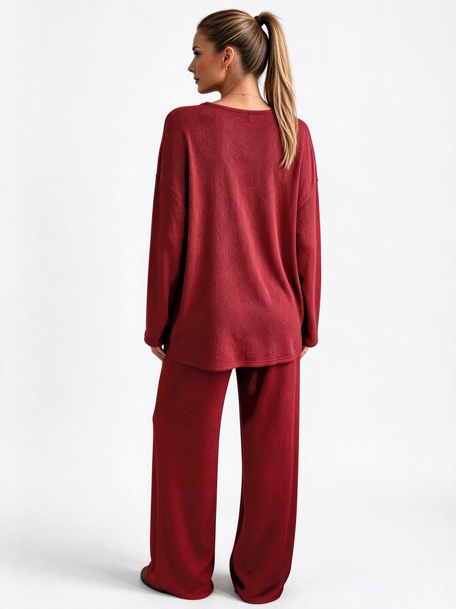 Red Knitted V Neck Lounge Pajama Set