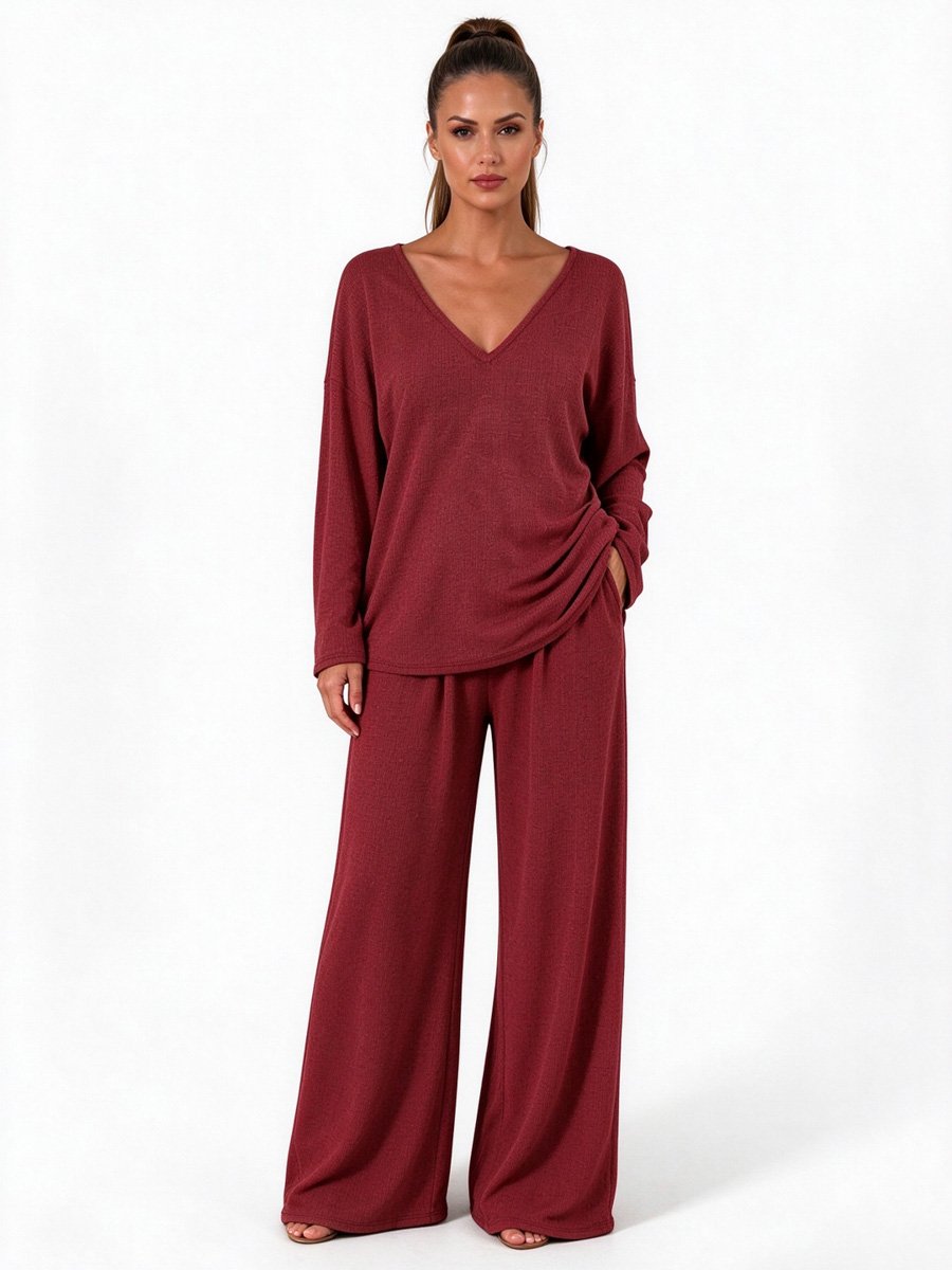 Red Knitted V Neck Lounge Pajama Set