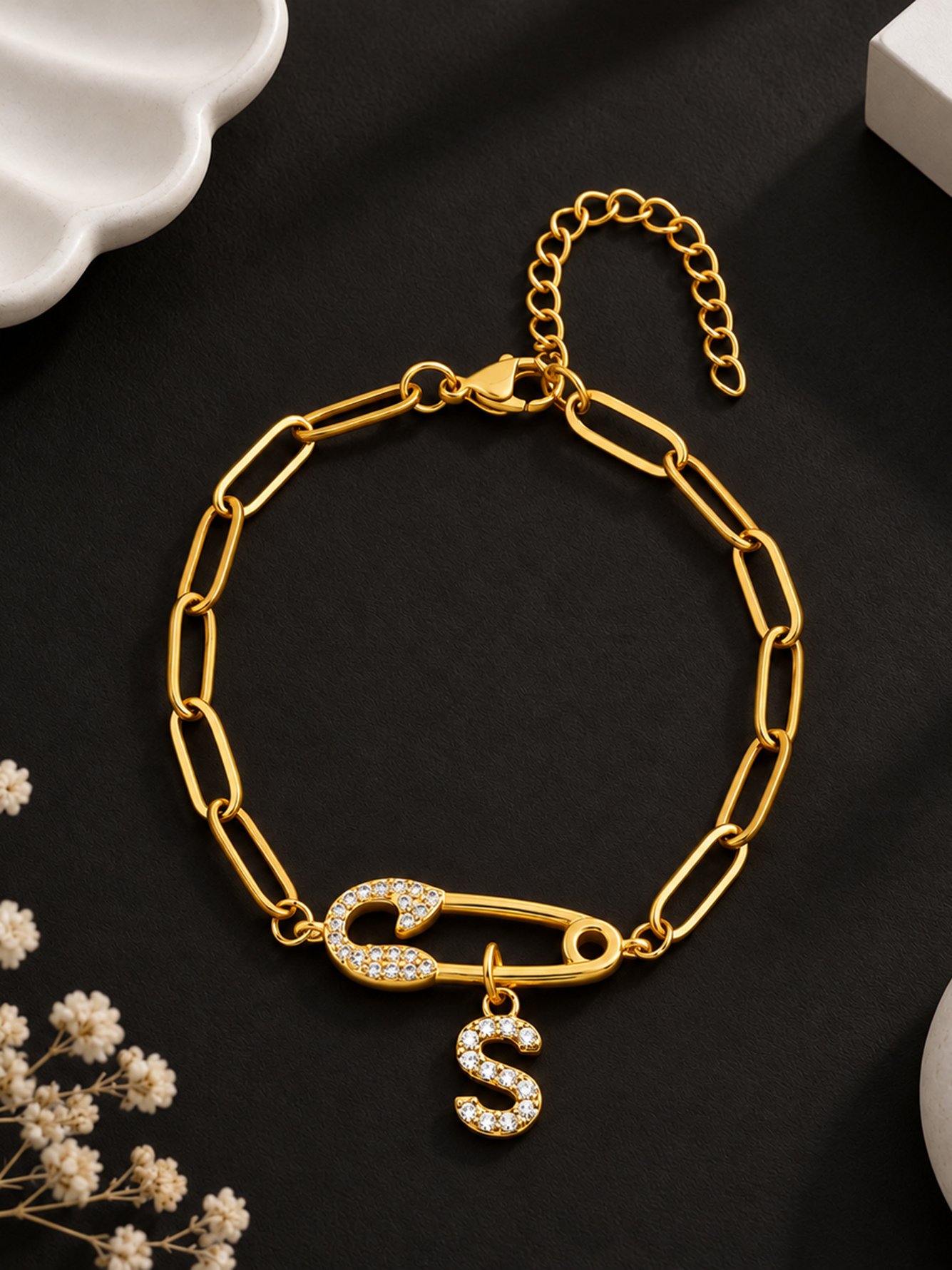1Pcs Stainless Steel New Fashion Pin Papperclip Initial S Pendant Golden Chain Bracelet For Women