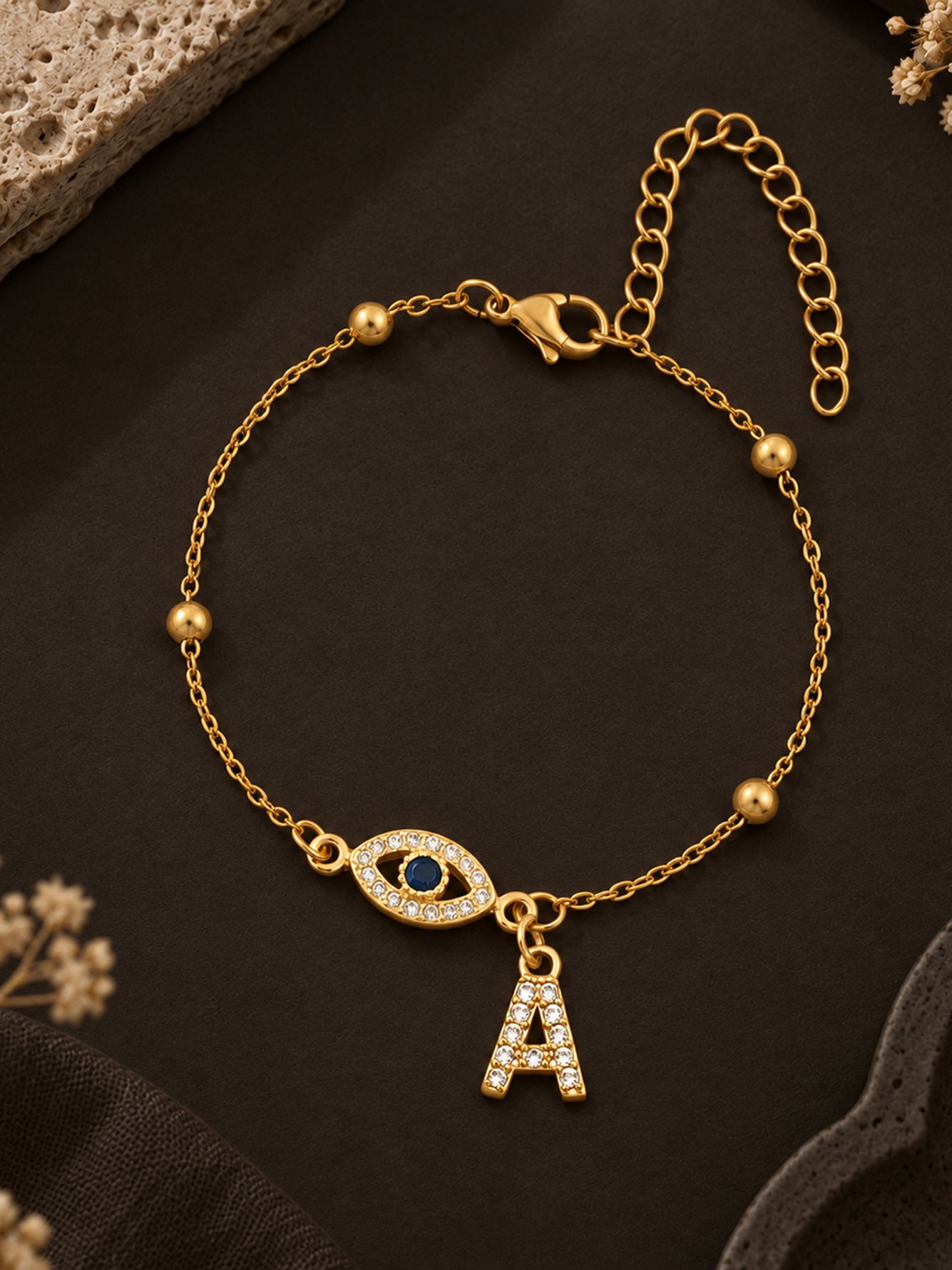 Gold Evil Eye Initial A Bracelet for Women - Casual and