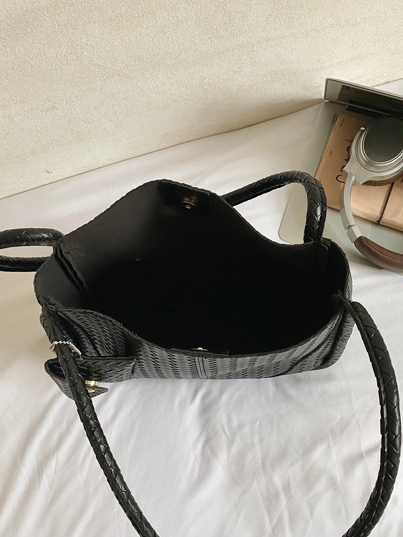 Black Texture Shoulder Bag with Zip
