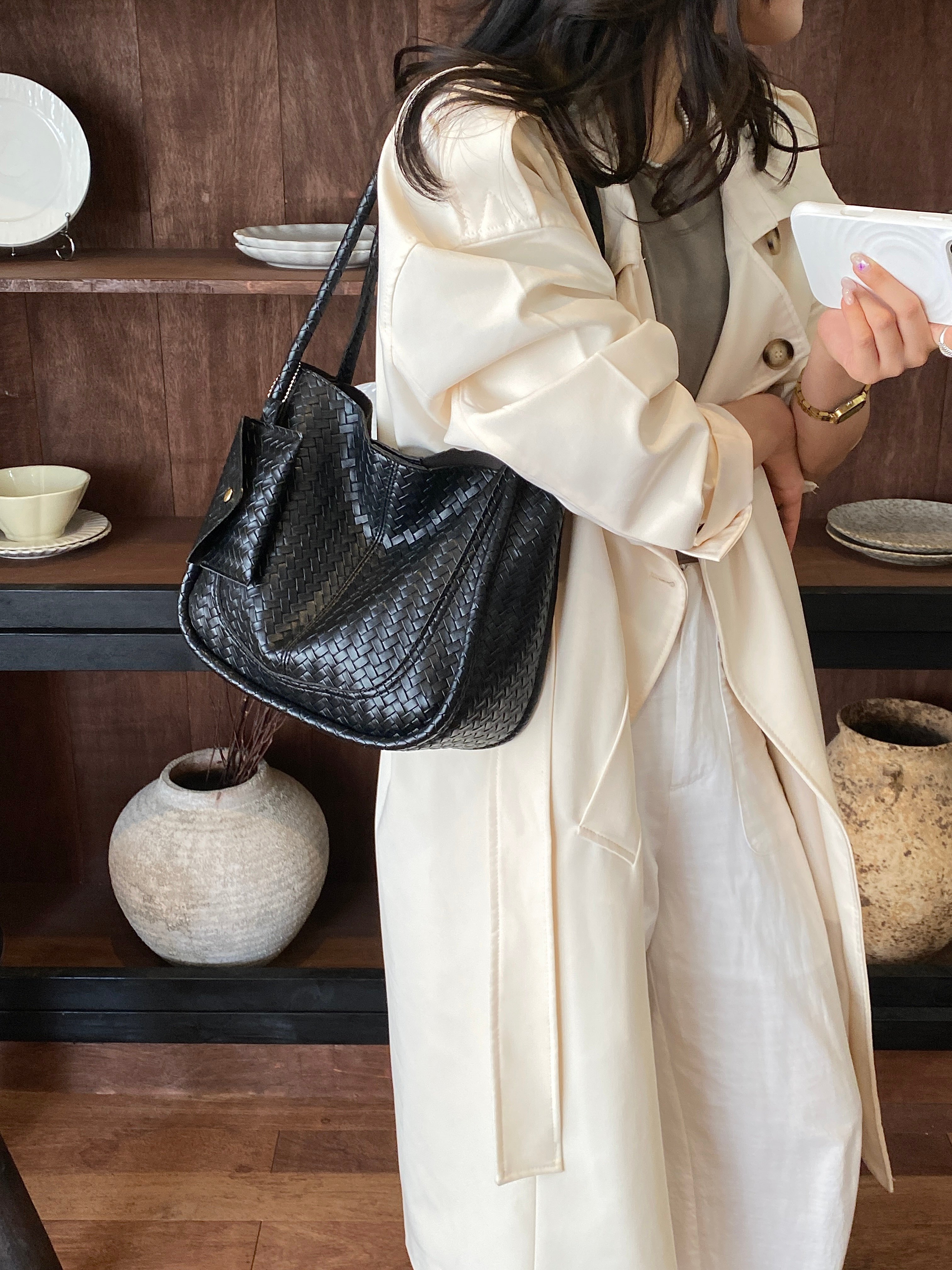 Black Texture Shoulder Bag with Zip