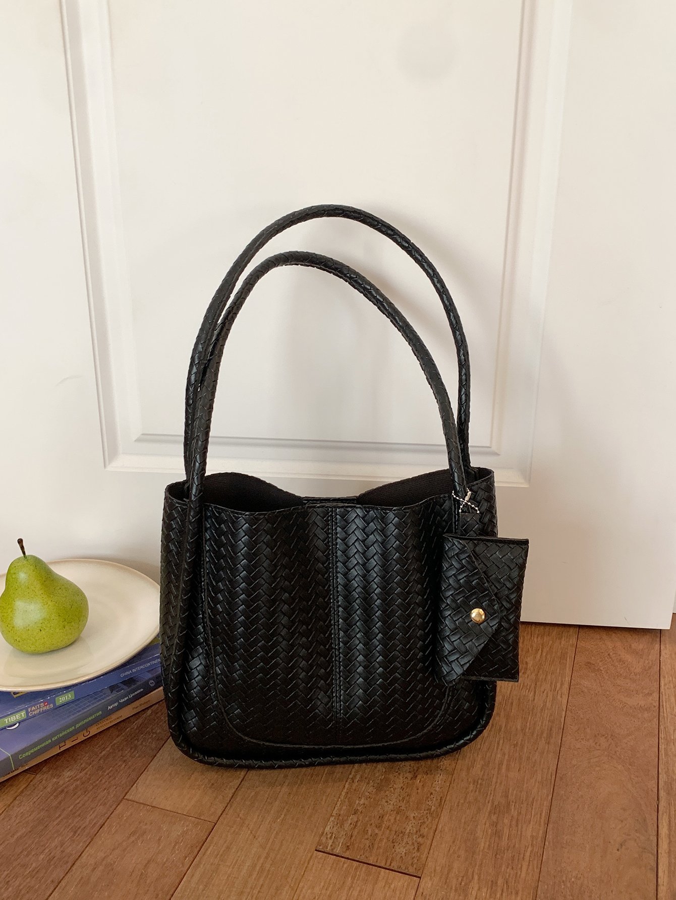Black Texture Shoulder Bag with Zip