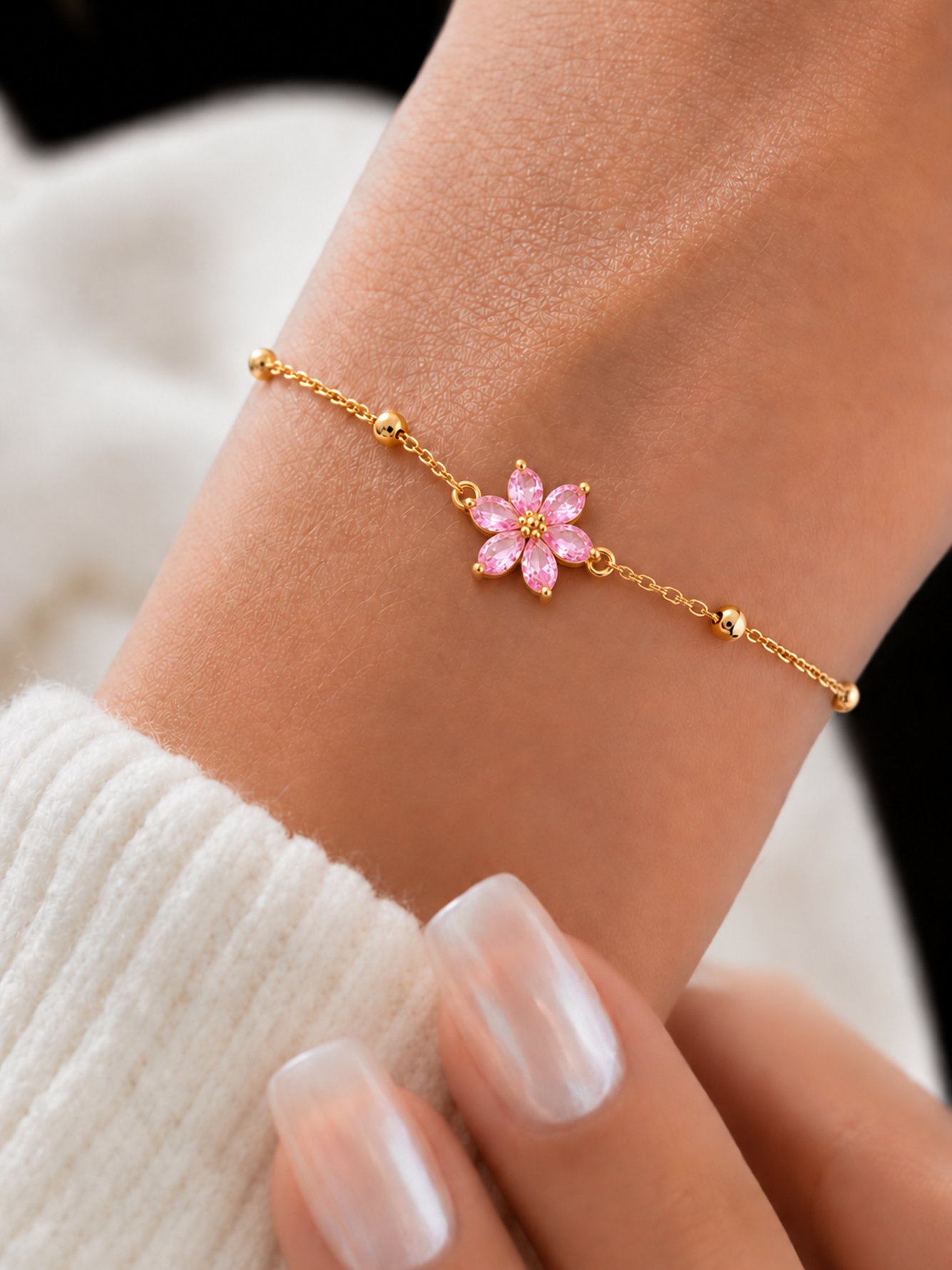 Golden Flower Charm Bracelet with Pink Stones for Women