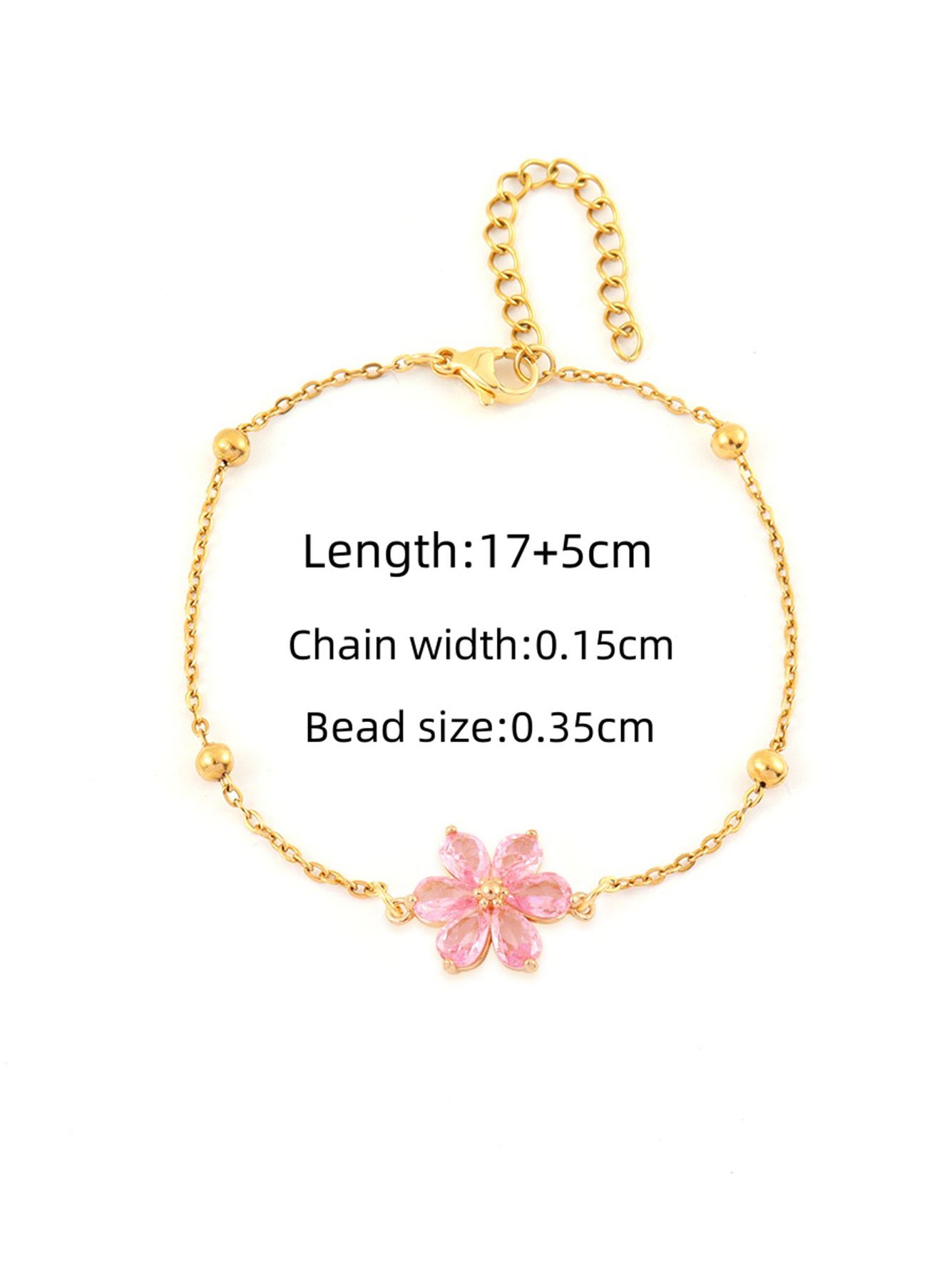 Golden Flower Charm Bracelet with Pink Stones for Women