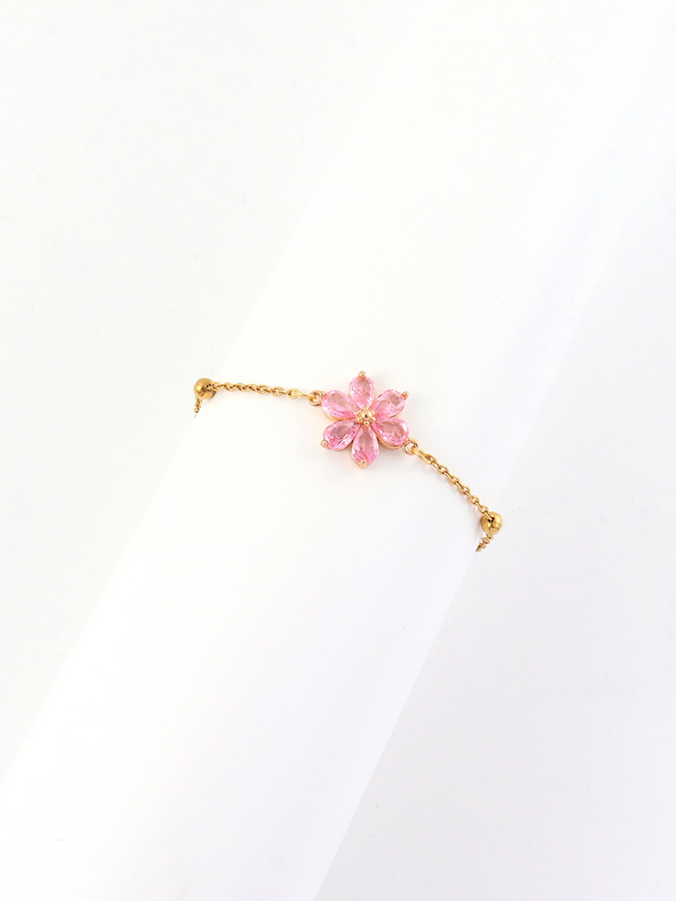Golden Flower Charm Bracelet with Pink Stones for Women