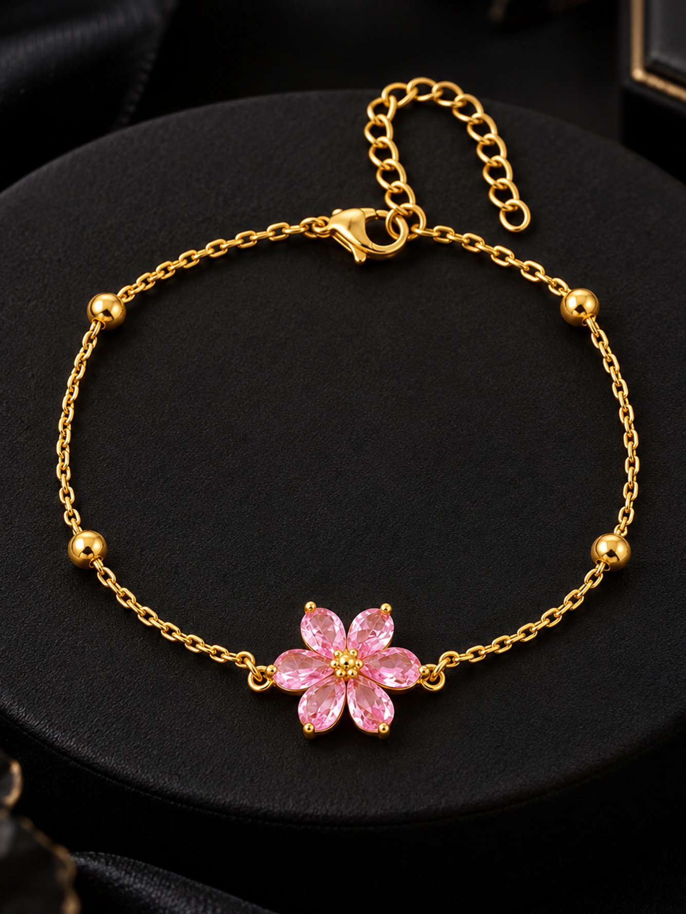 Golden Flower Charm Bracelet with Pink Stones for Women