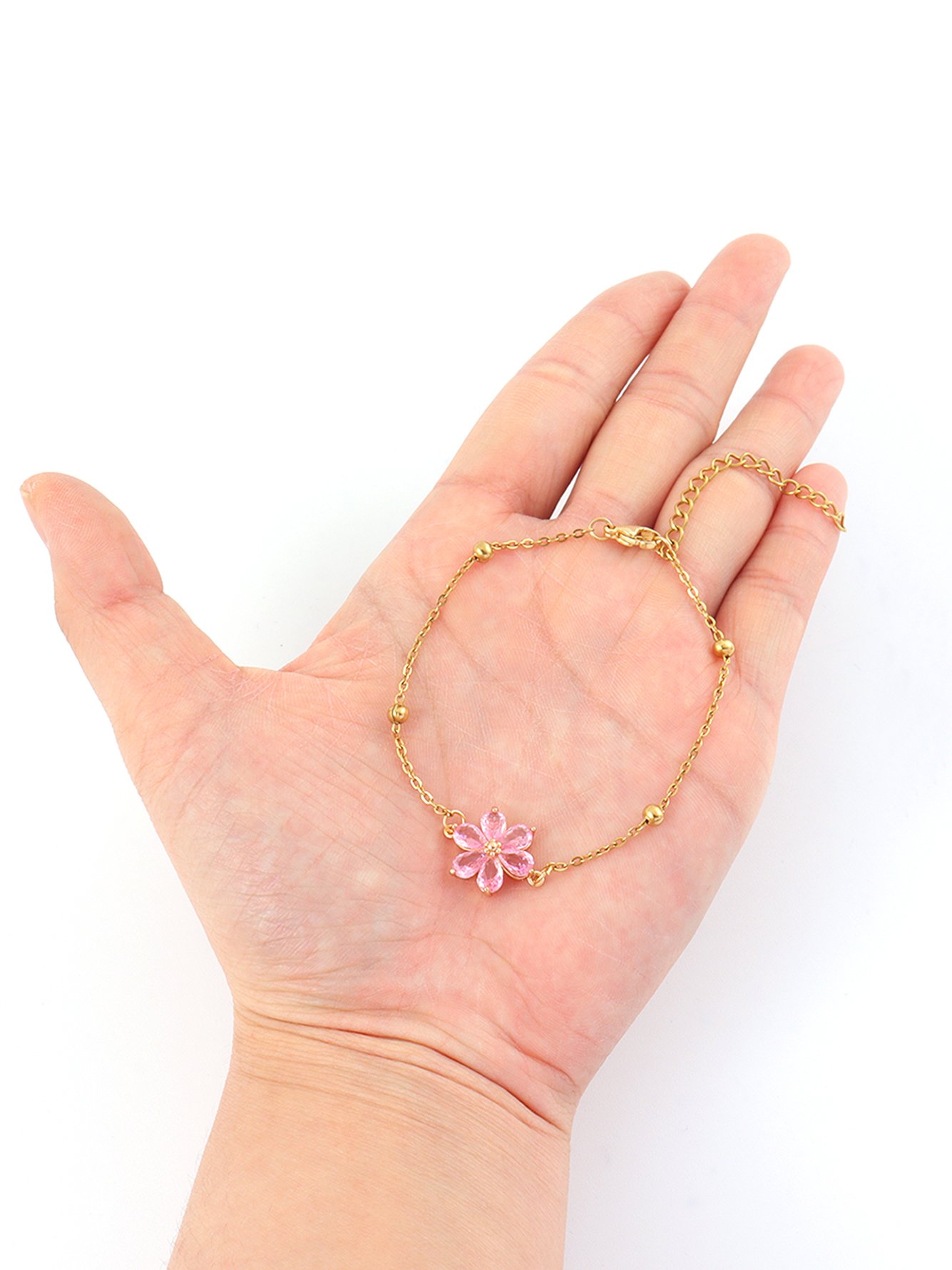 Golden Flower Charm Bracelet with Pink Stones for Women