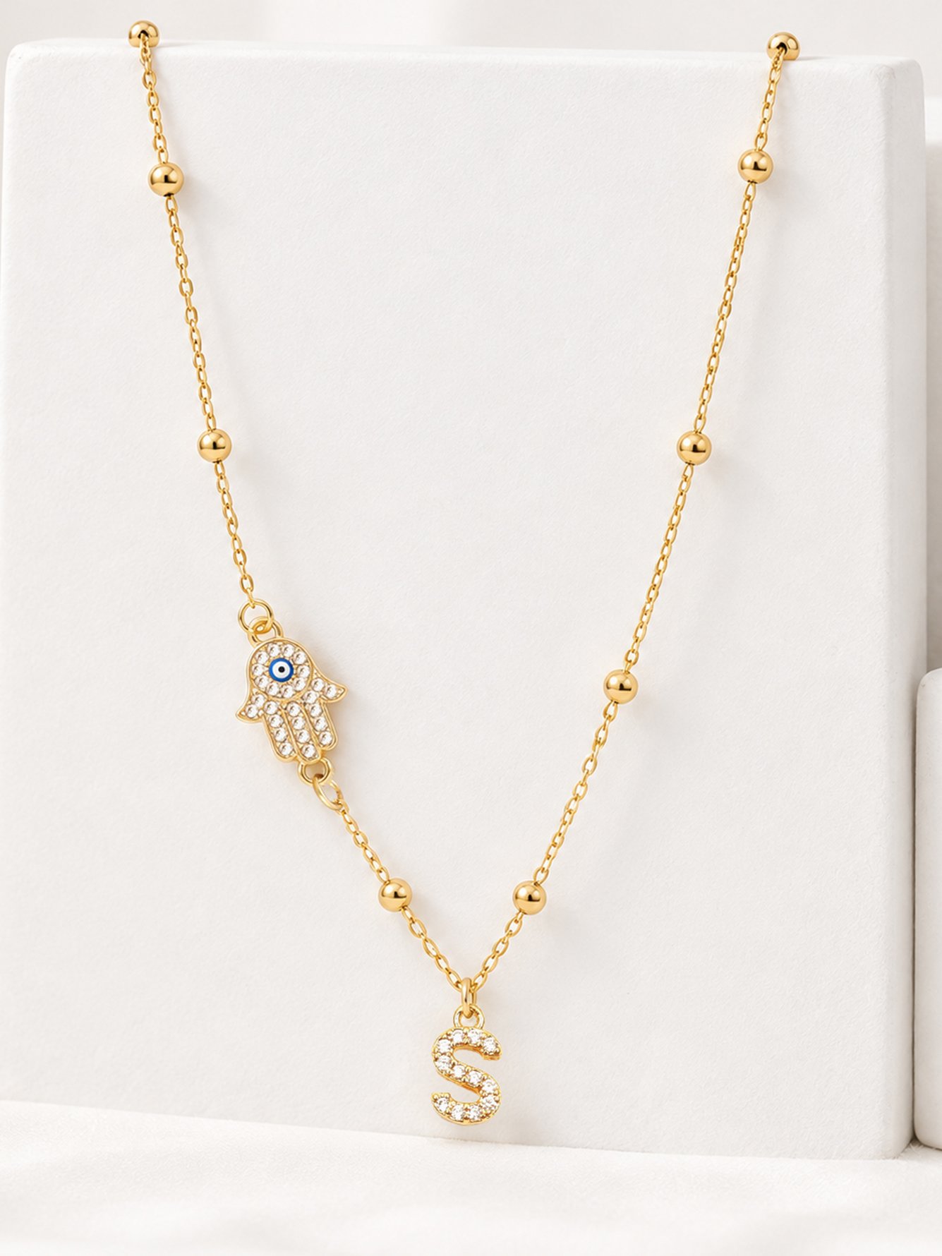 1Pcs New Classic Initial S Hamsa Hand Golden Stainless Steel Bead Chain Necklaces For Women