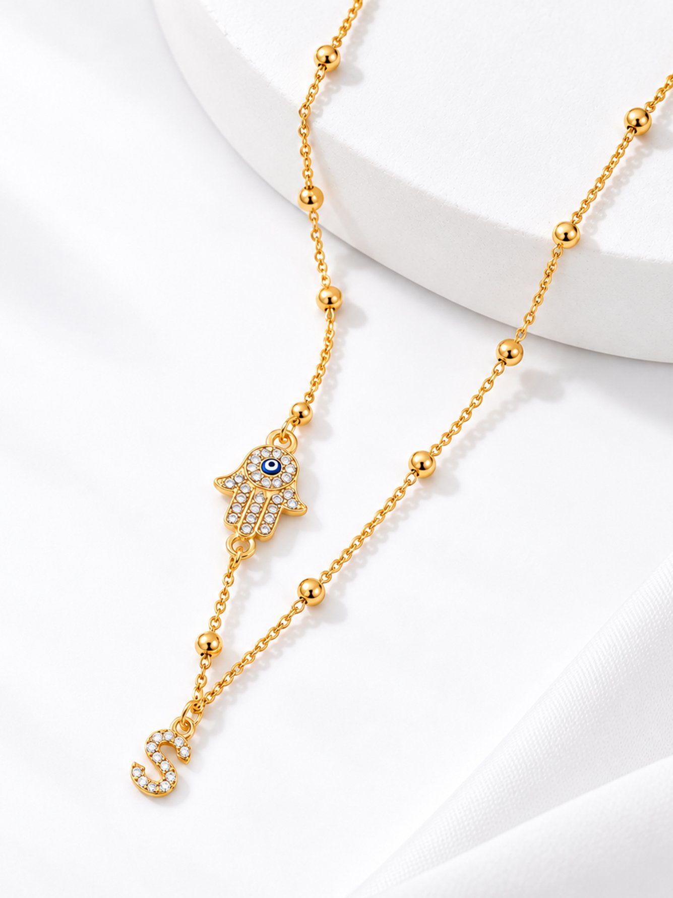 1Pcs New Classic Initial S Hamsa Hand Golden Stainless Steel Bead Chain Necklaces For Women
