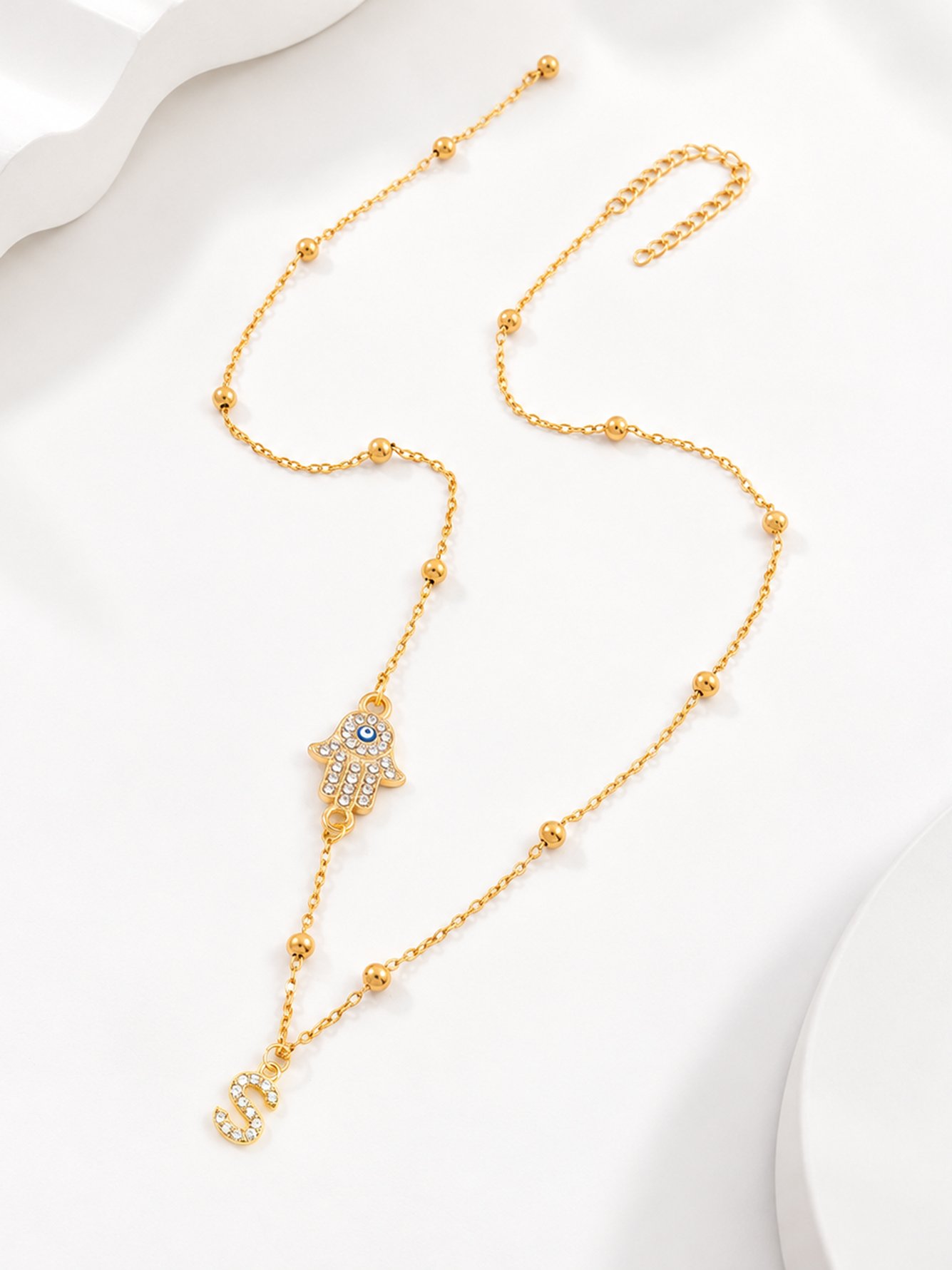 1Pcs New Classic Initial S Hamsa Hand Golden Stainless Steel Bead Chain Necklaces For Women