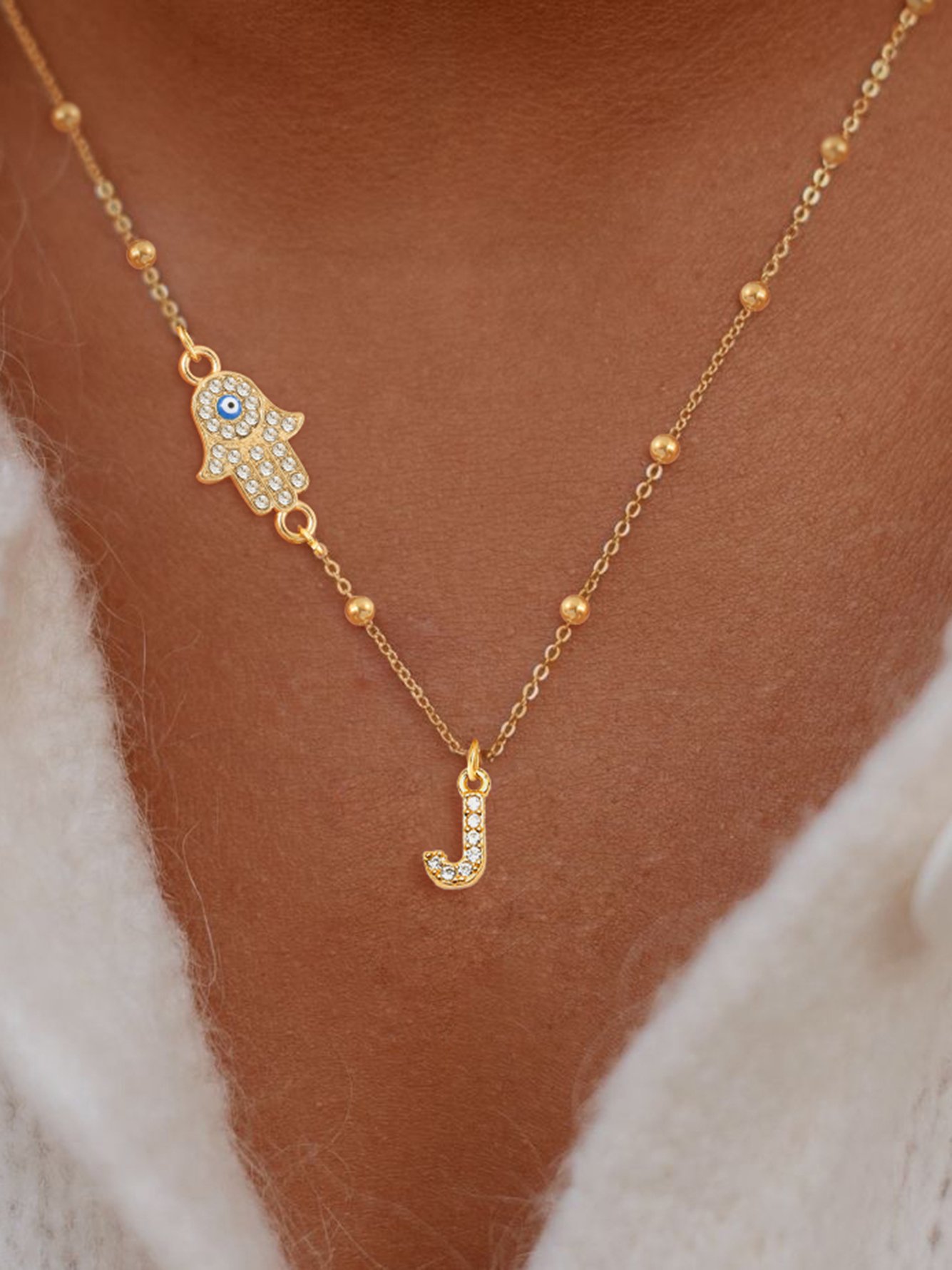 1Pcs New Classic Initial J Hamsa Hand Golden Stainless Steel Bead Chain Necklaces For Women