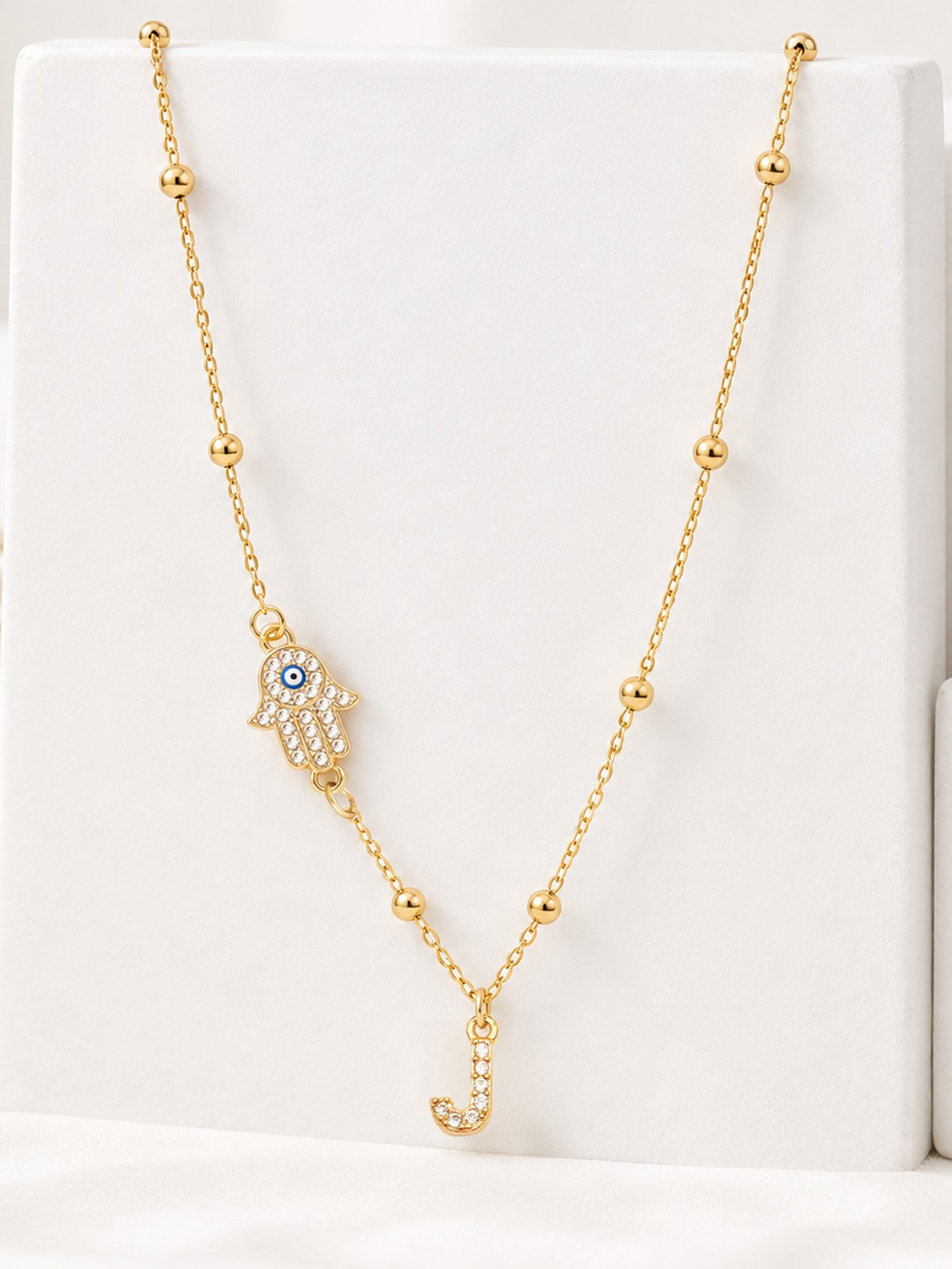 1Pcs New Classic Initial J Hamsa Hand Golden Stainless Steel Bead Chain Necklaces For Women