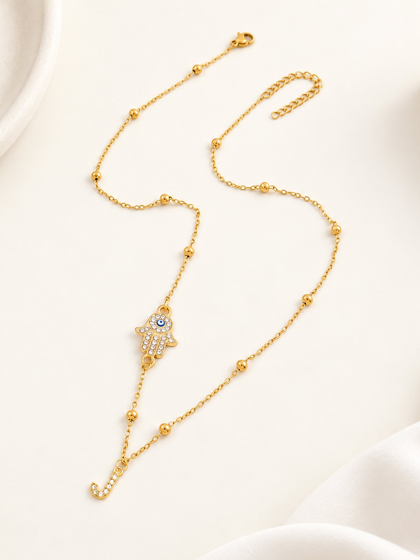1Pcs New Classic Initial J Hamsa Hand Golden Stainless Steel Bead Chain Necklaces For Women