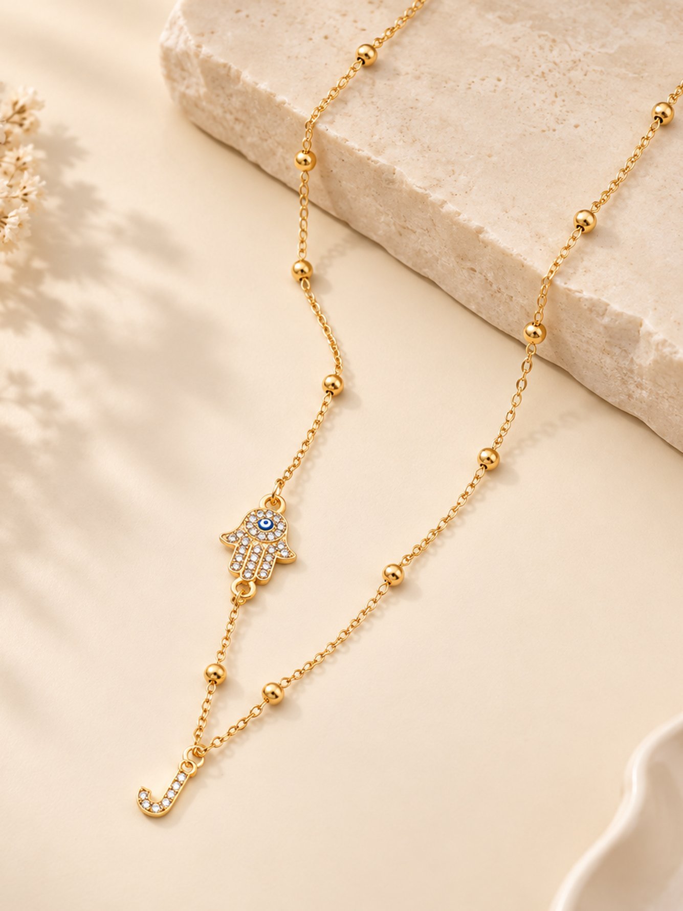 1Pcs New Classic Initial J Hamsa Hand Golden Stainless Steel Bead Chain Necklaces For Women