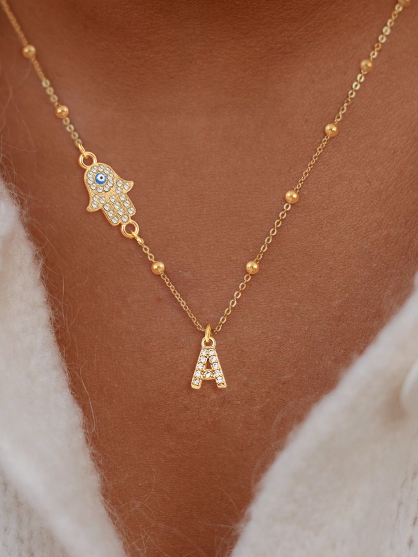 1Pcs New Classic Initial A Hamsa Hand Golden Stainless Steel Bead Chain Necklaces For Women