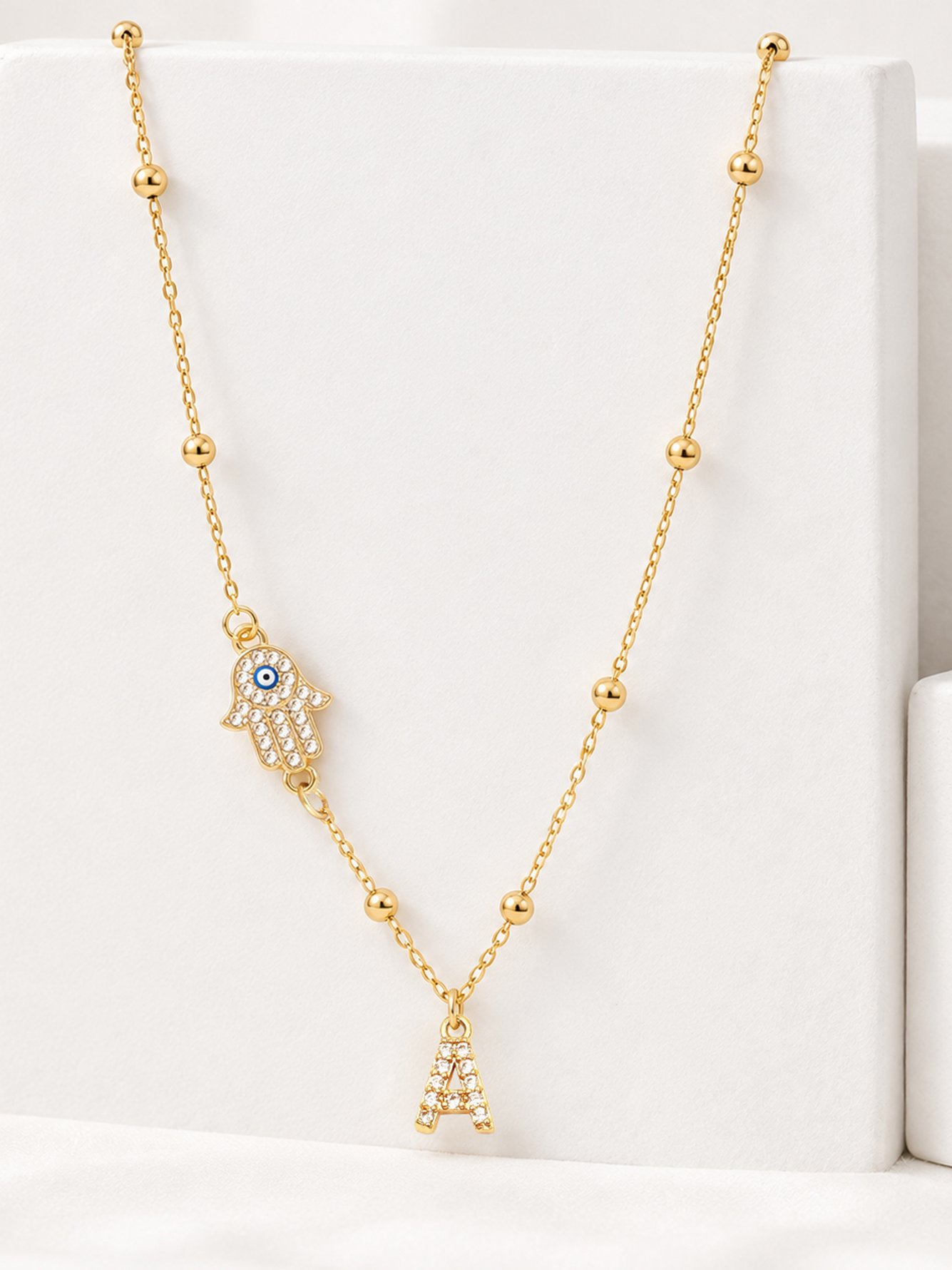 1Pcs New Classic Initial A Hamsa Hand Golden Stainless Steel Bead Chain Necklaces For Women