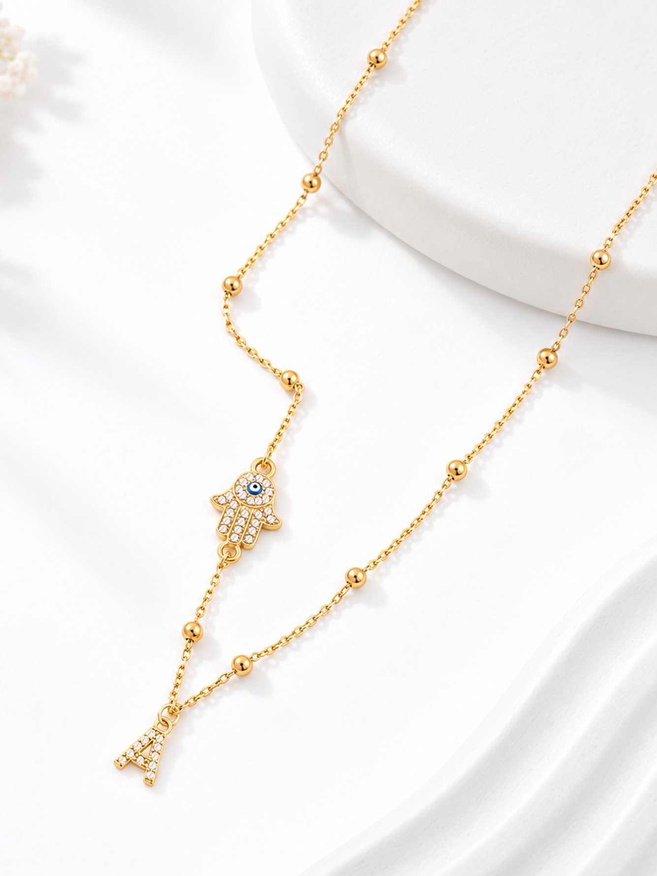 1Pcs New Classic Initial A Hamsa Hand Golden Stainless Steel Bead Chain Necklaces For Women