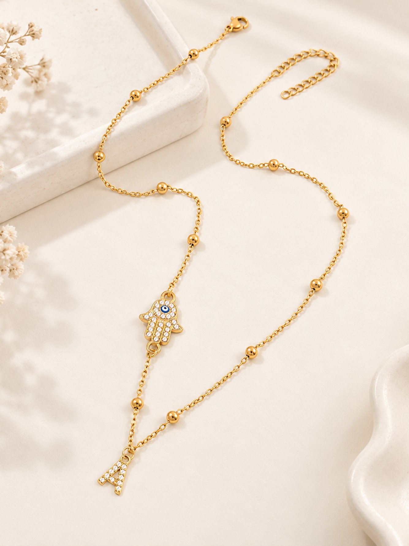 1Pcs New Classic Initial A Hamsa Hand Golden Stainless Steel Bead Chain Necklaces For Women